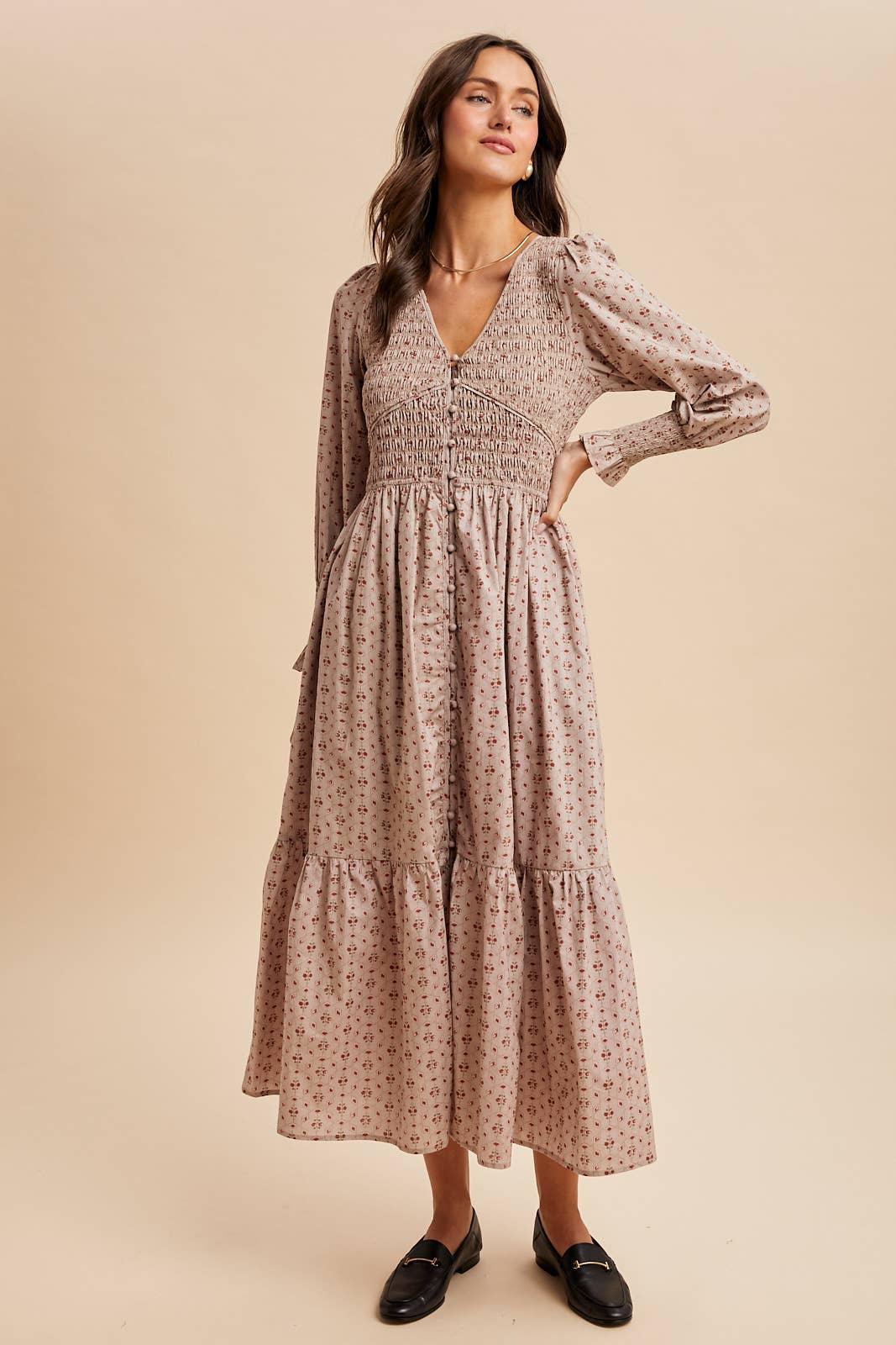 COTTON SMOCKED FLORAL BUTTON DOWN MAXI - Chickticks