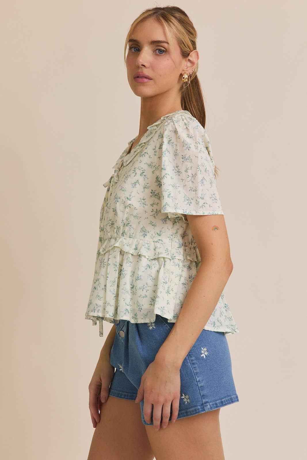 Front Tie Pintuck Cotton Floral French Style Shirt