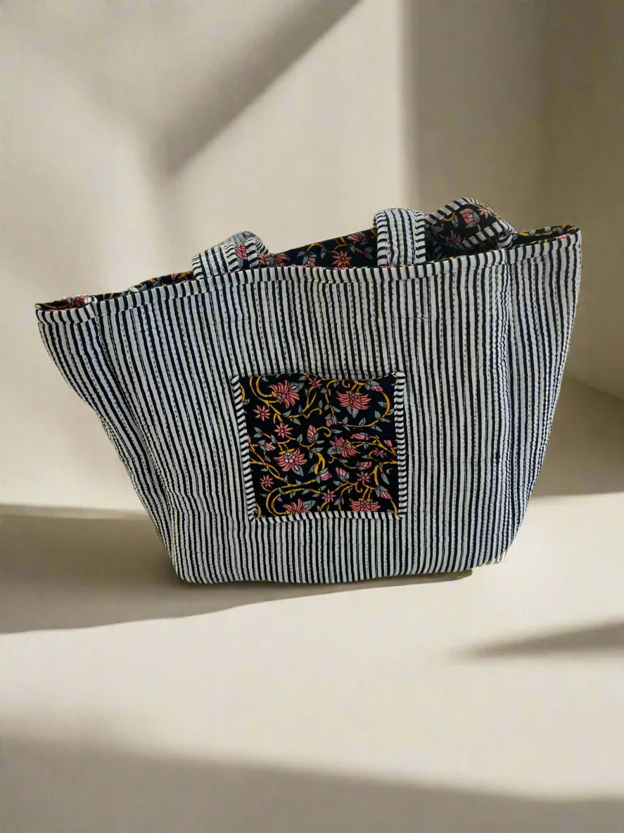 Floral print cotton quilt reversible tote bag with front and inside pockets - Chickticks