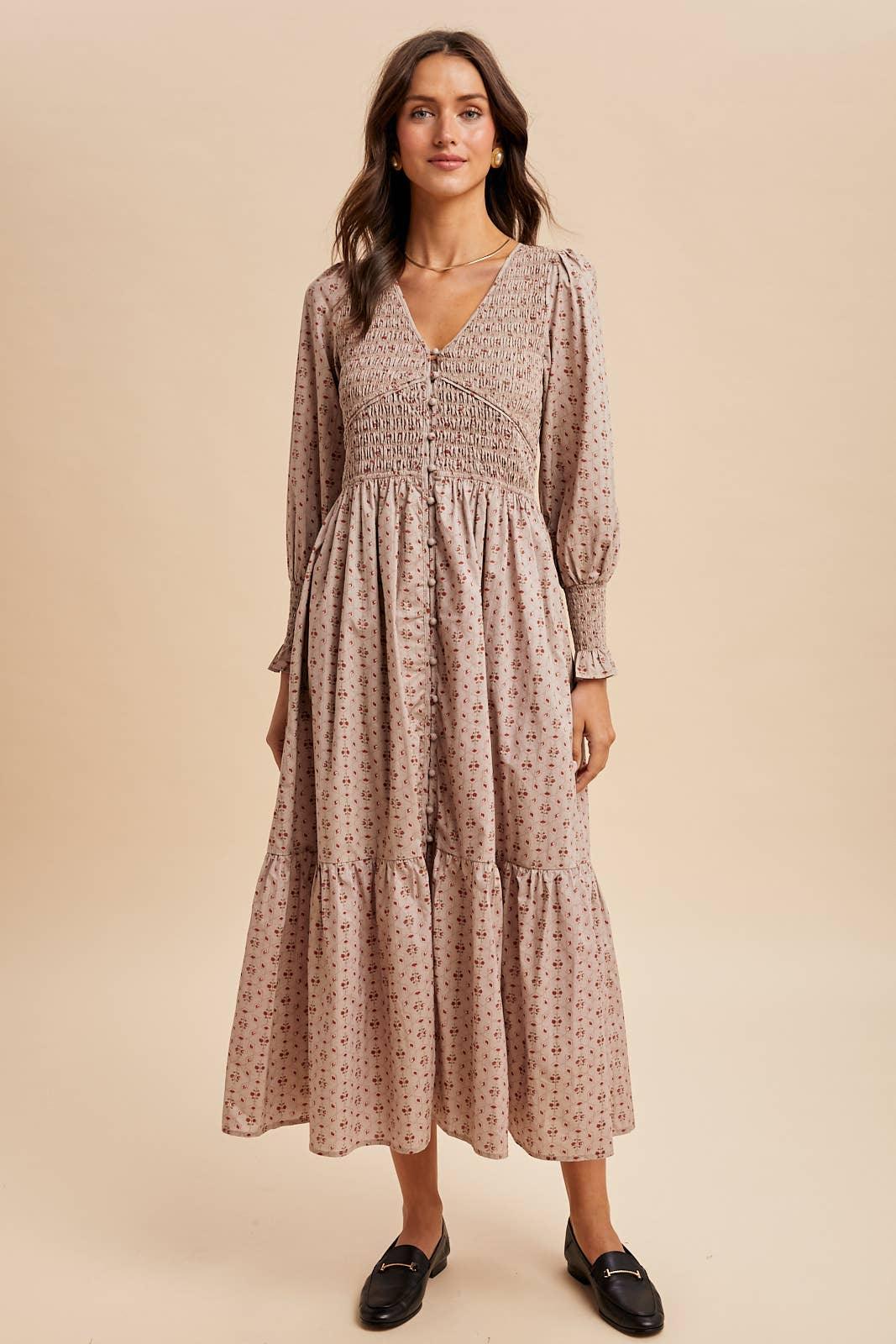 COTTON SMOCKED FLORAL BUTTON DOWN MAXI - Chickticks