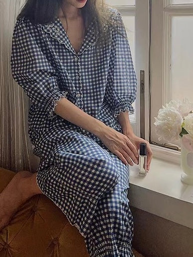 Cotton blue gingham co ord set. Pajamas set for fall. - Chickticks