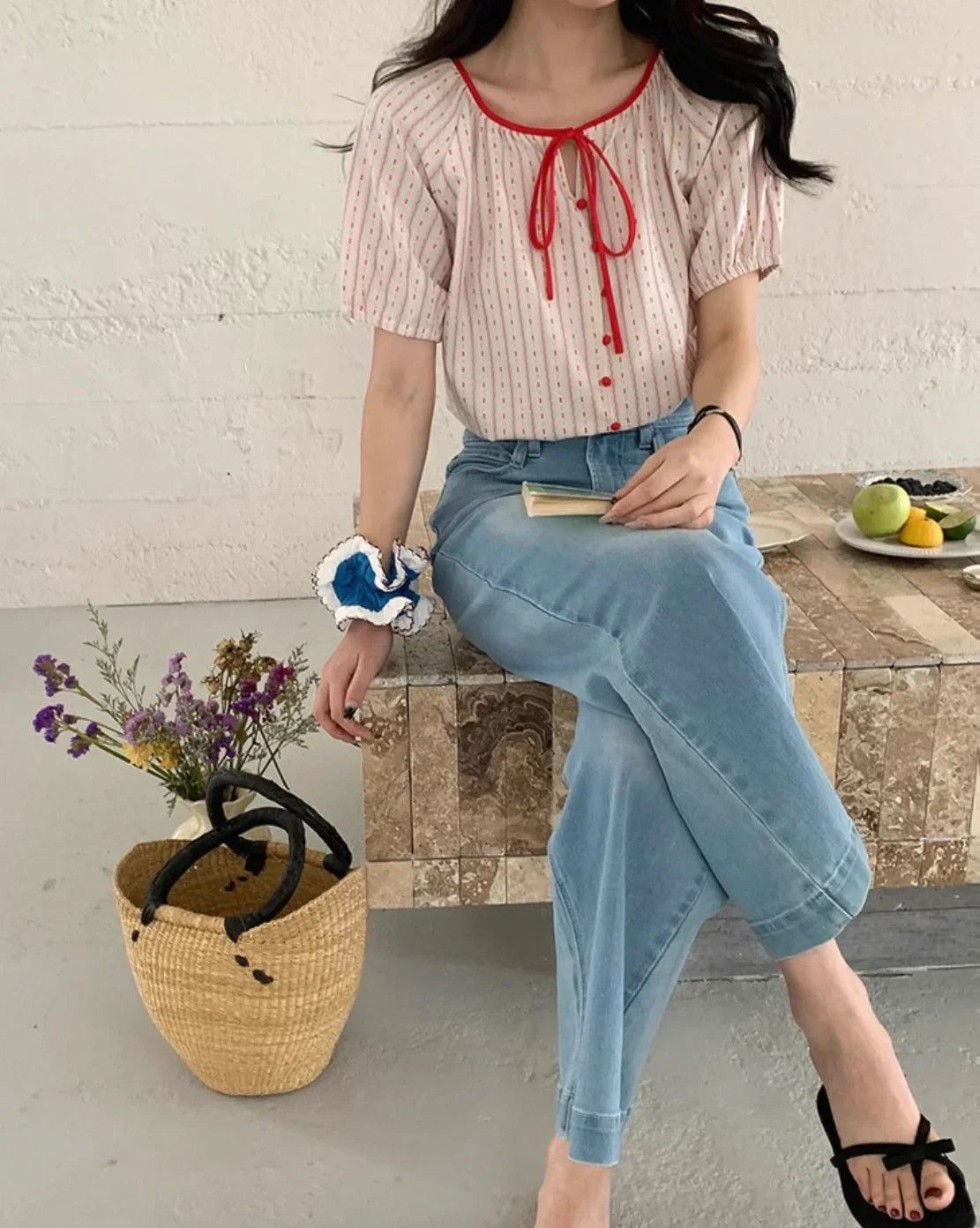 Cotton red stripes button down french style vintage inspired - Chickticks