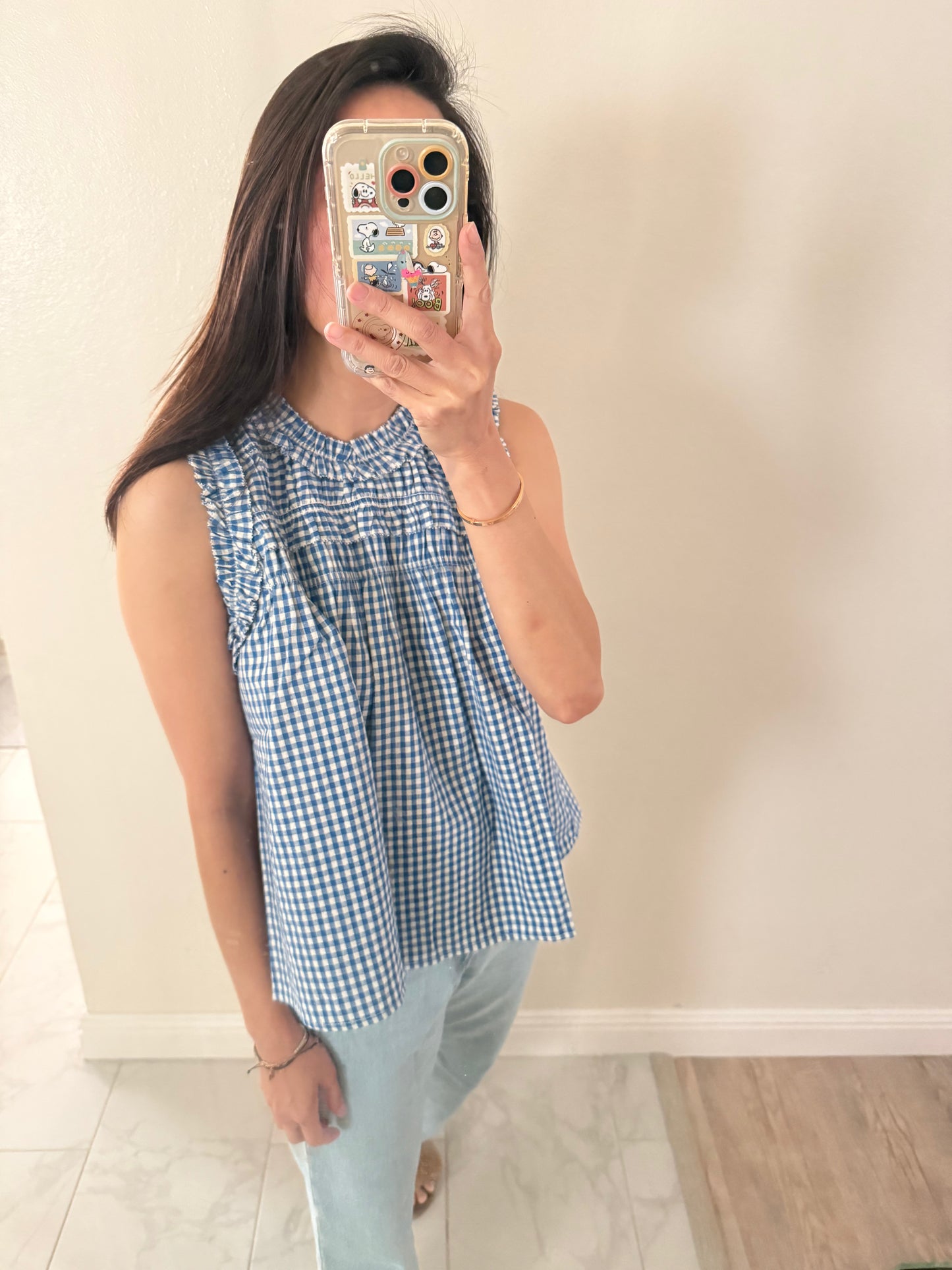 Blue Gingham Pintuck Cotton Top. Vintage inspired whimsical cottage core blouse. Victorian Bohemian Light Cotton Top.