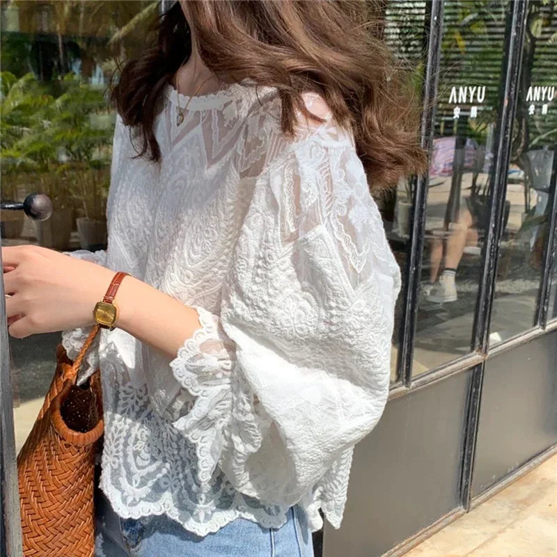White french inspired lace embroidered blouse - Chickticks
