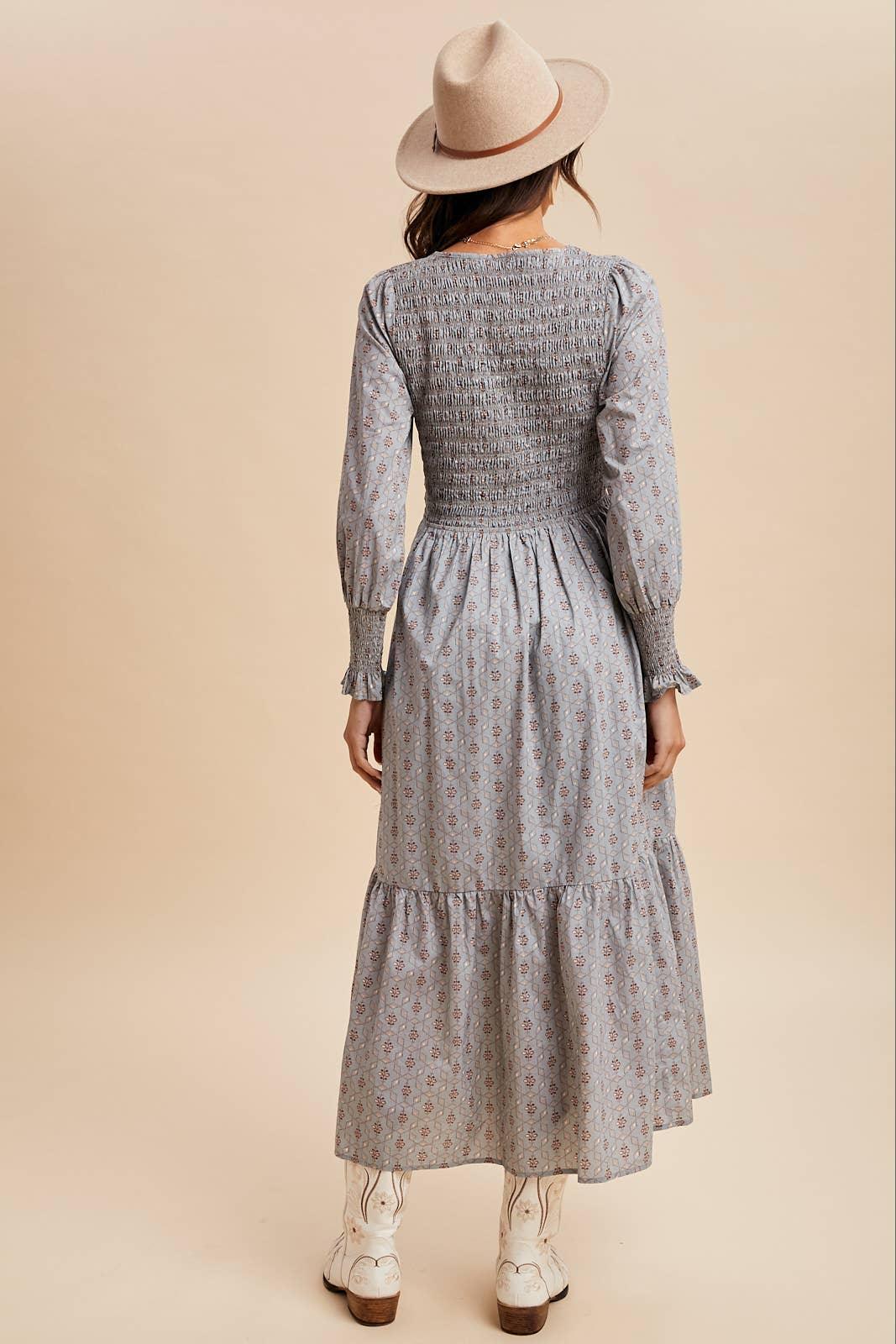 COTTON SMOCKED FLORAL BUTTON DOWN MAXI - Chickticks