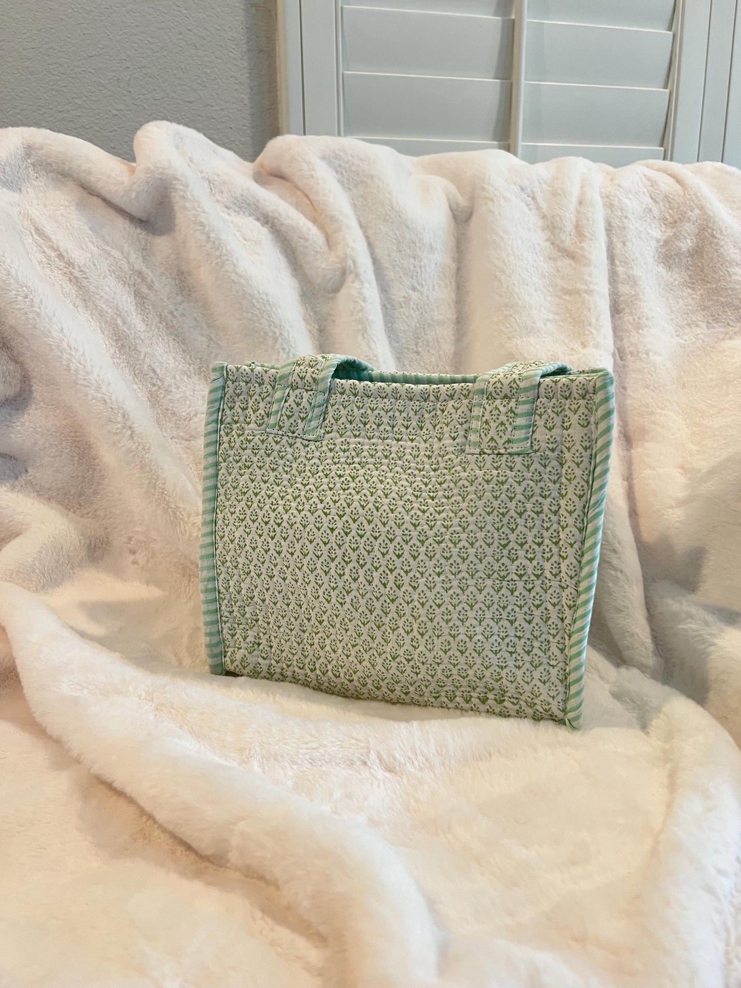 Hand blocked print cotton quilt reversible mini tote bag / stripe mini tote bag/ beach bag / green sage color bag - Chickticks