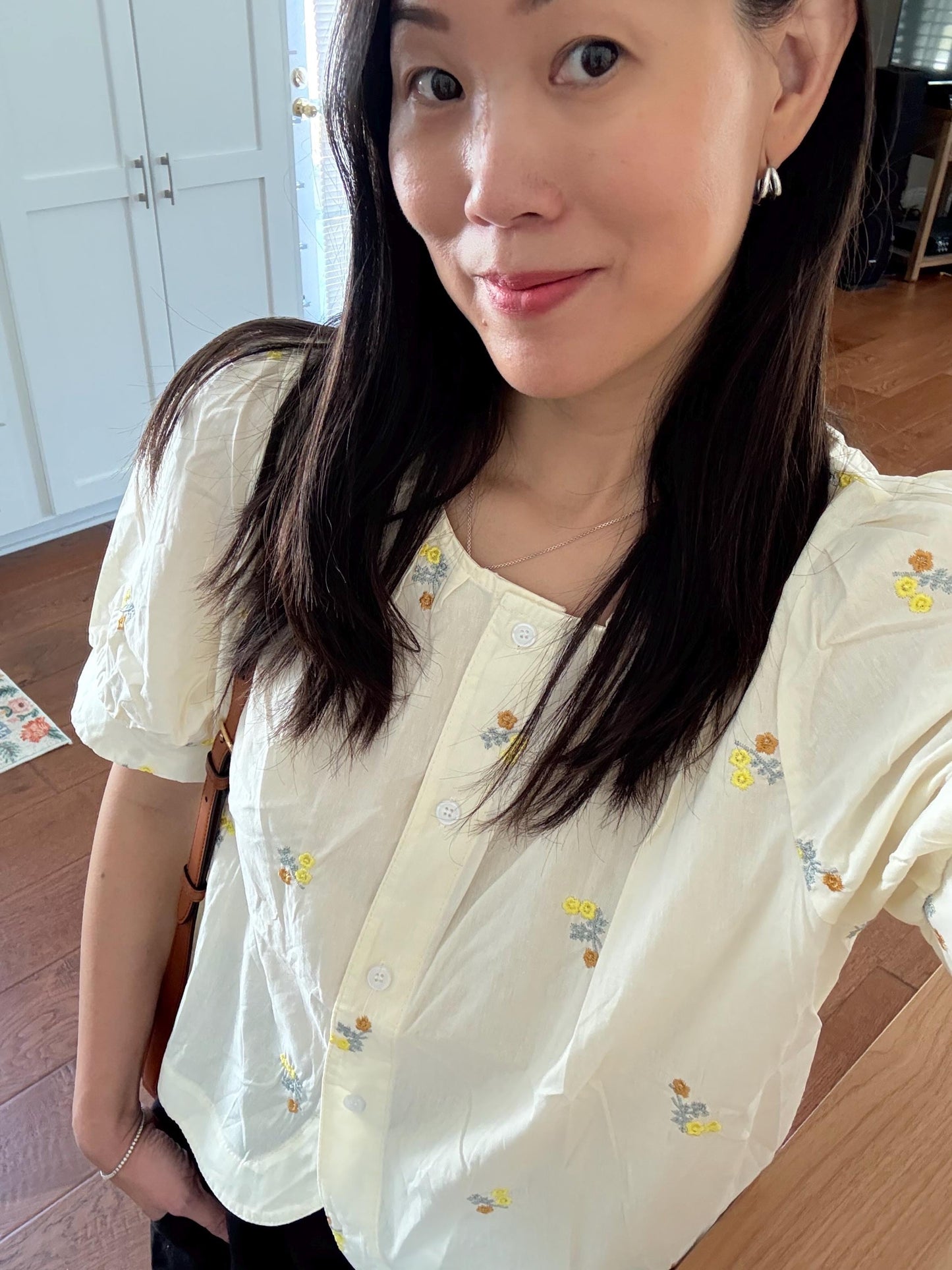 Casual cotton button down floral embroidered in lemon butter yellow. Cozy cottage vibe top.Romantic blouse. Doen inspired top. - Chickticks