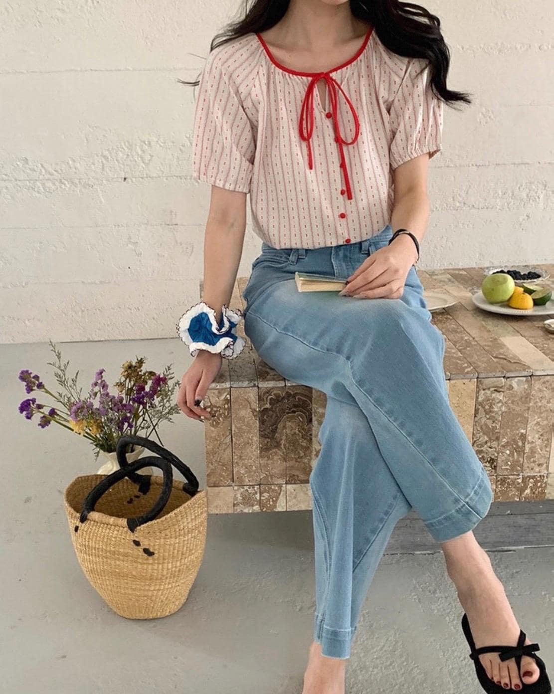 Casual cotton red stripes shirt french eyelet vintage inspired . Cozy cottage vibe top.Romantic blouse. Doen inspired top. Sezane inspired - Chickticks