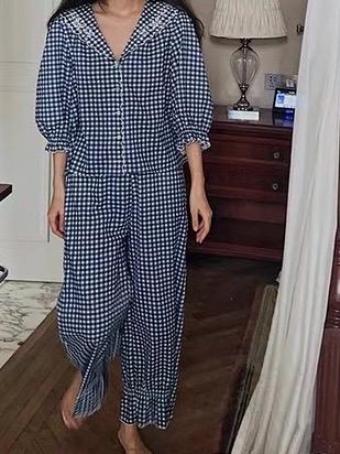 Casual gingham blue fall set blouse vintage inspired . Cotton cozy and romantic co ord .Doen inspired. Boho Victorian Sezane style - Chickticks