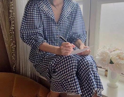 Casual gingham blue fall set blouse vintage inspired . Cotton cozy and romantic co ord .Doen inspired. Boho Victorian Sezane style - Chickticks