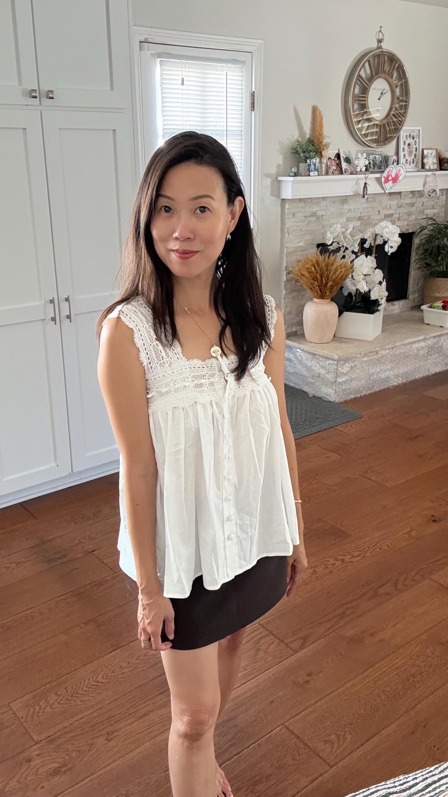 Casual cotton button down tank shirt french lace vintage inspired . Doen Sezane inspired. Cozy cottagecore style top. Summer Fall top. - Chickticks