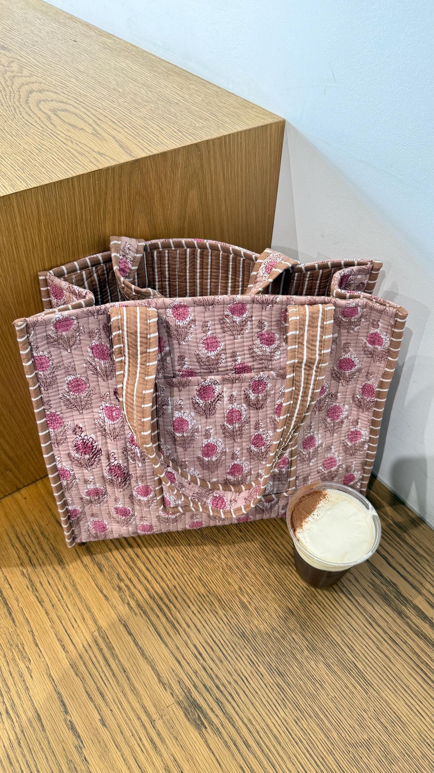 Handblocked Pink Floral Print Cotton Quilt Tote Bag. Large Tote Bag with Pockets. Multifunctional Tote Bag. Everyday Tote Bag. Holiday Bag.