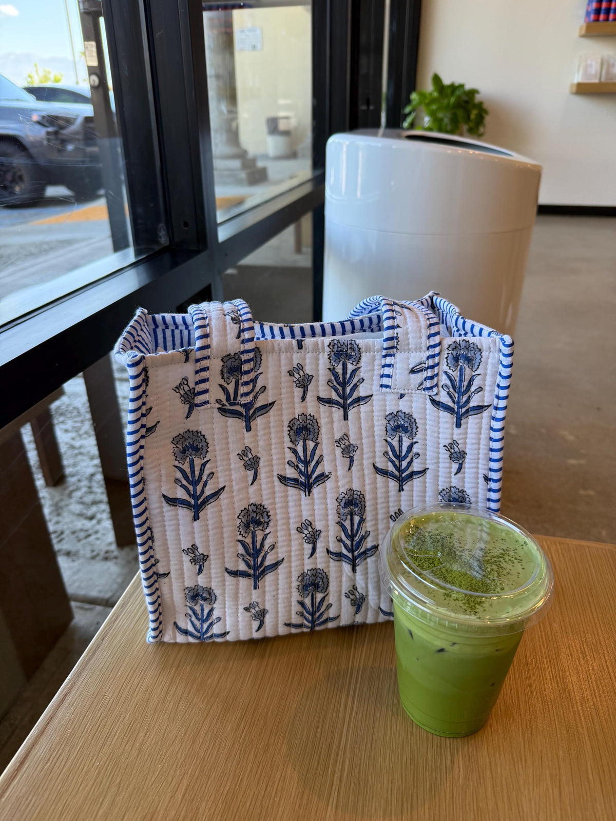 Hand Blocked Cotton Quilt Mini Tote Bag - Green Sage Stripe. Shoulder Cotton Reversible Bag. Everyday Tote Bag. Summer tote bag