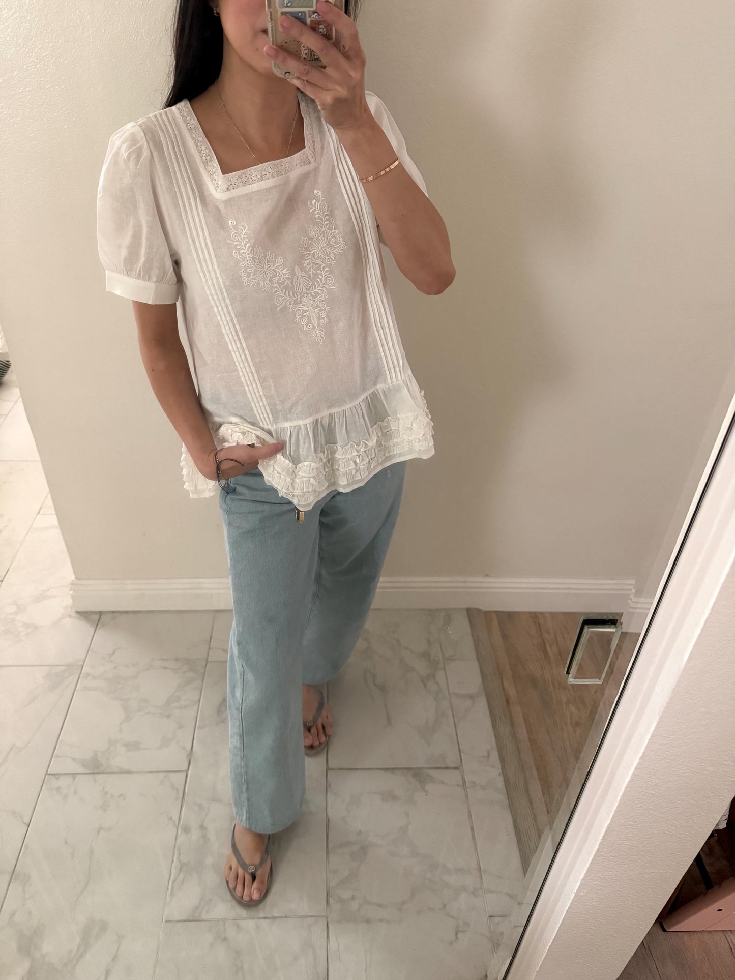 Casual embroidery white pintuck lace romantic top . Whimsical cottagecore top. Cotton Victorian romantic top. Natural fiber top.