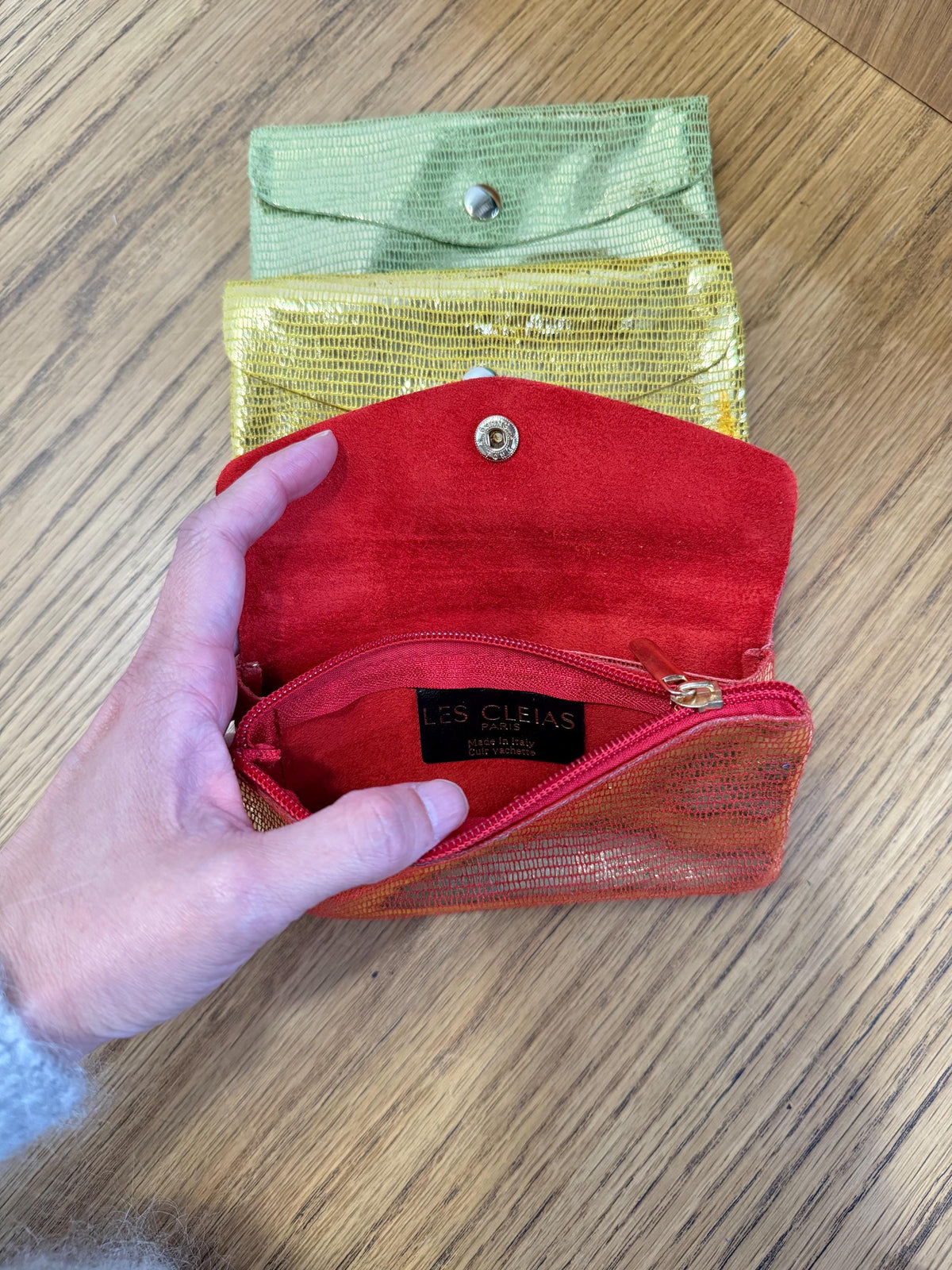 Twin wallet pouch in glittery matte leather. Soft Italian leather suede wallet. Chartreuse color soft wallet. Envelope wallet. 90s wallet