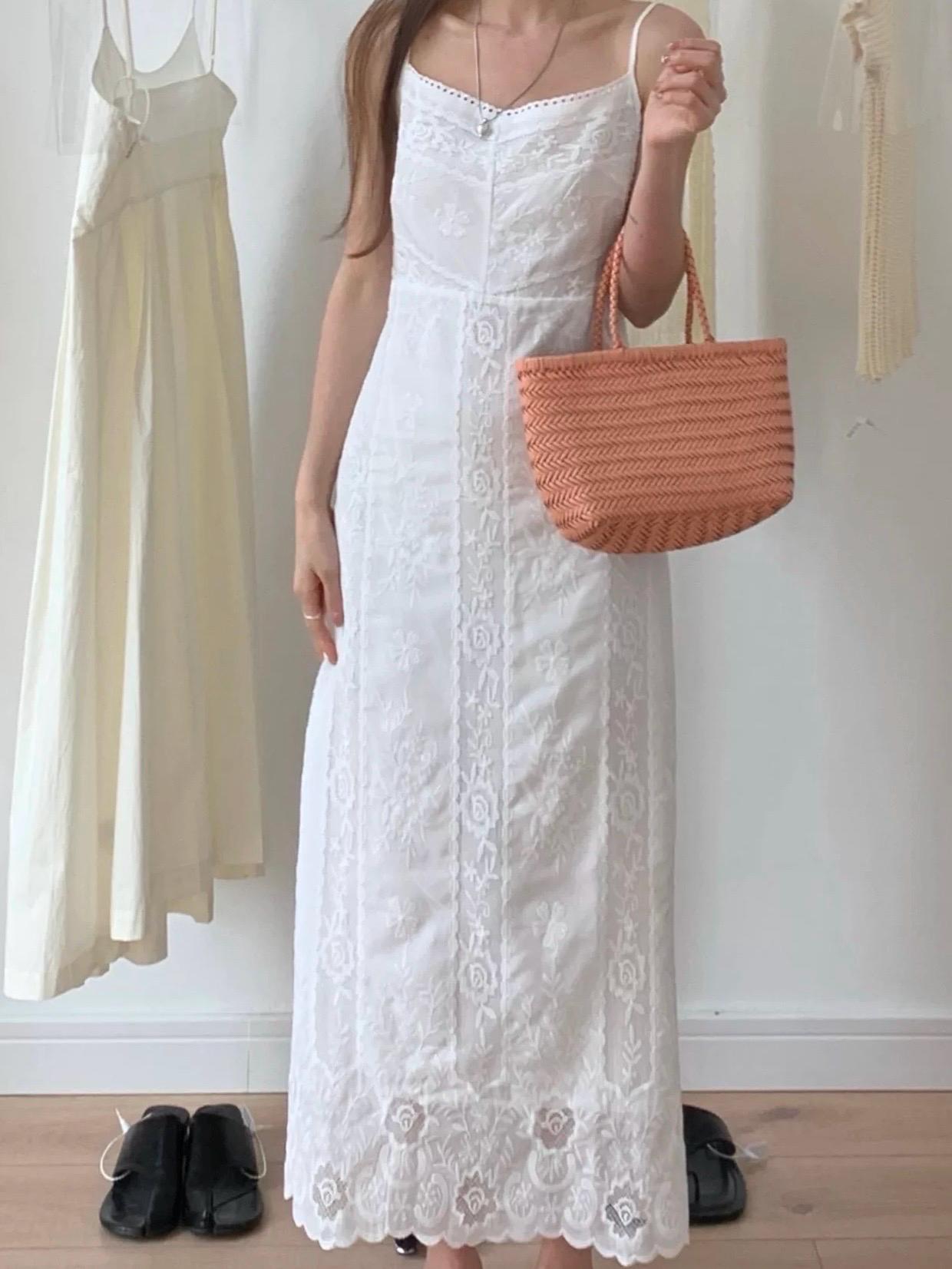 Floral cotton embroidered spaghetti strap maxi dress. French Style Victorian Tank Dress. Whimsical Cottage core Vintage Inspired Dress.