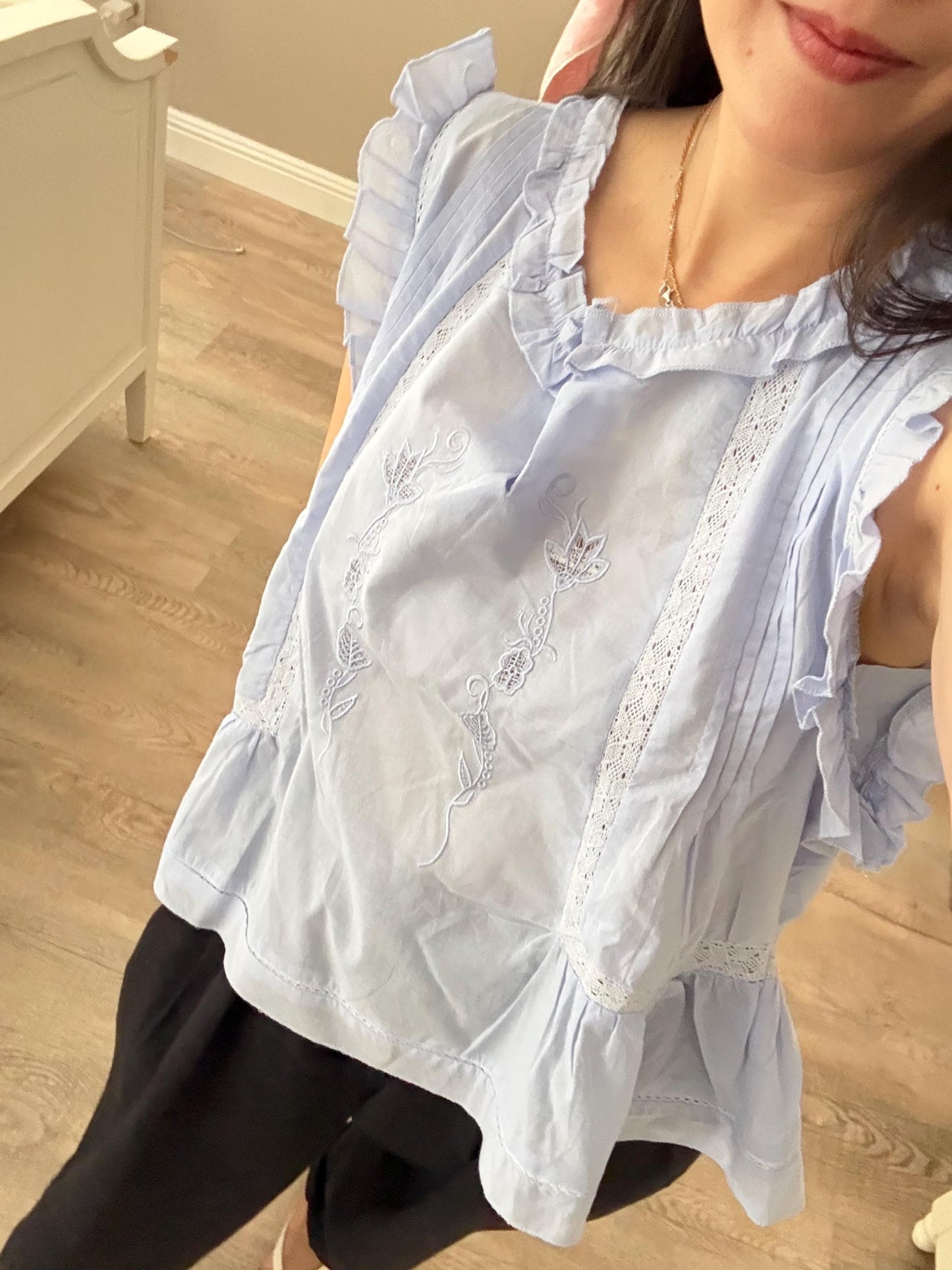 Casual pintuck lavender lace romantic top . Cozy comfortable top. Cotton whimsical Cottagecore Boho romantic top. Eyelet cotton cozy top.