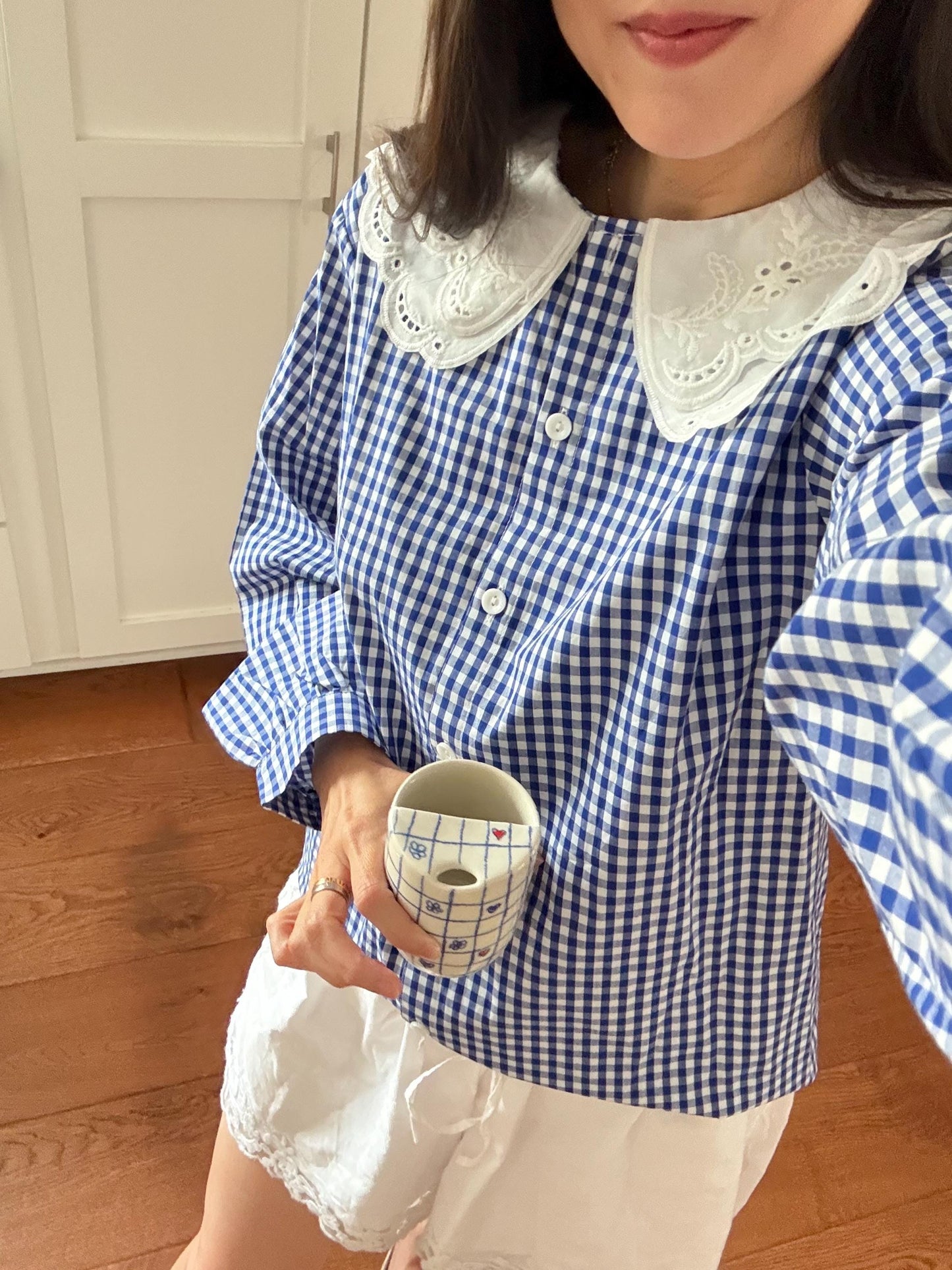Blue Gingham Cotton Top. French inspired Vintage Style top. Victorian Whimsy Cottage core top. Bohemian style top. Romantic top