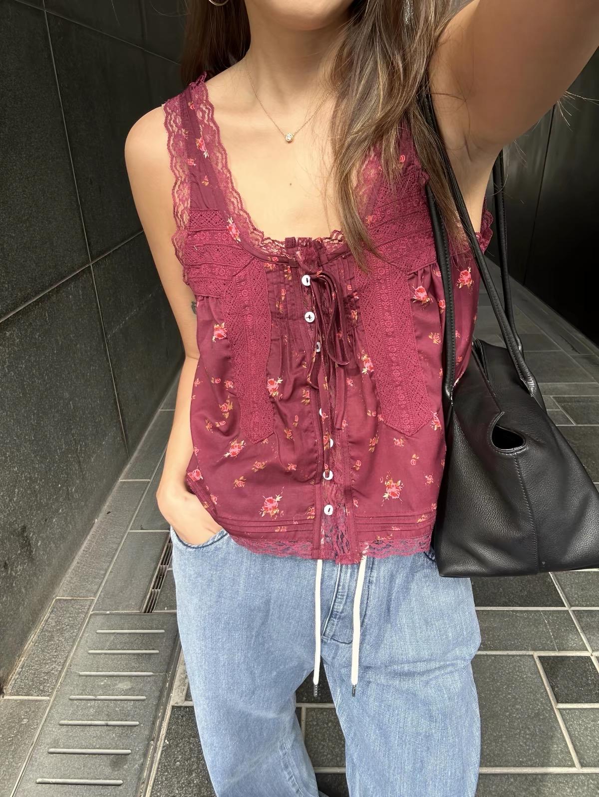 Casual cotton pintuck eyelet romantic top . Whimsical cottage core tank top. Bohemian cotton cami top . Maroon Red cotton lace top