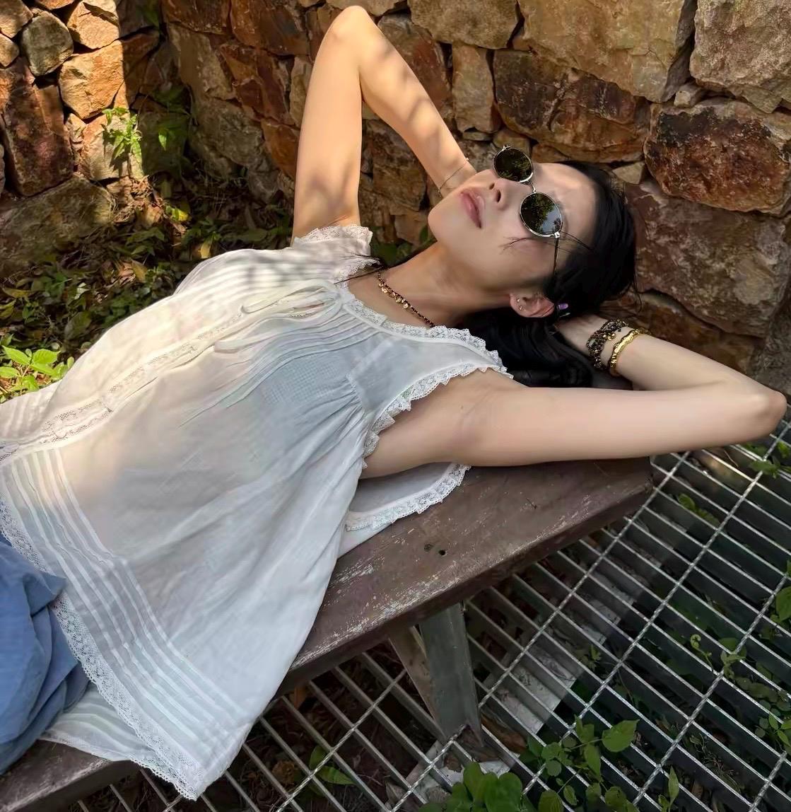 Casual cotton pintuck eyelet romantic top . Whimsical cottage core top. Bohemian cotton vest . Praire wind lace top. Embroidered top