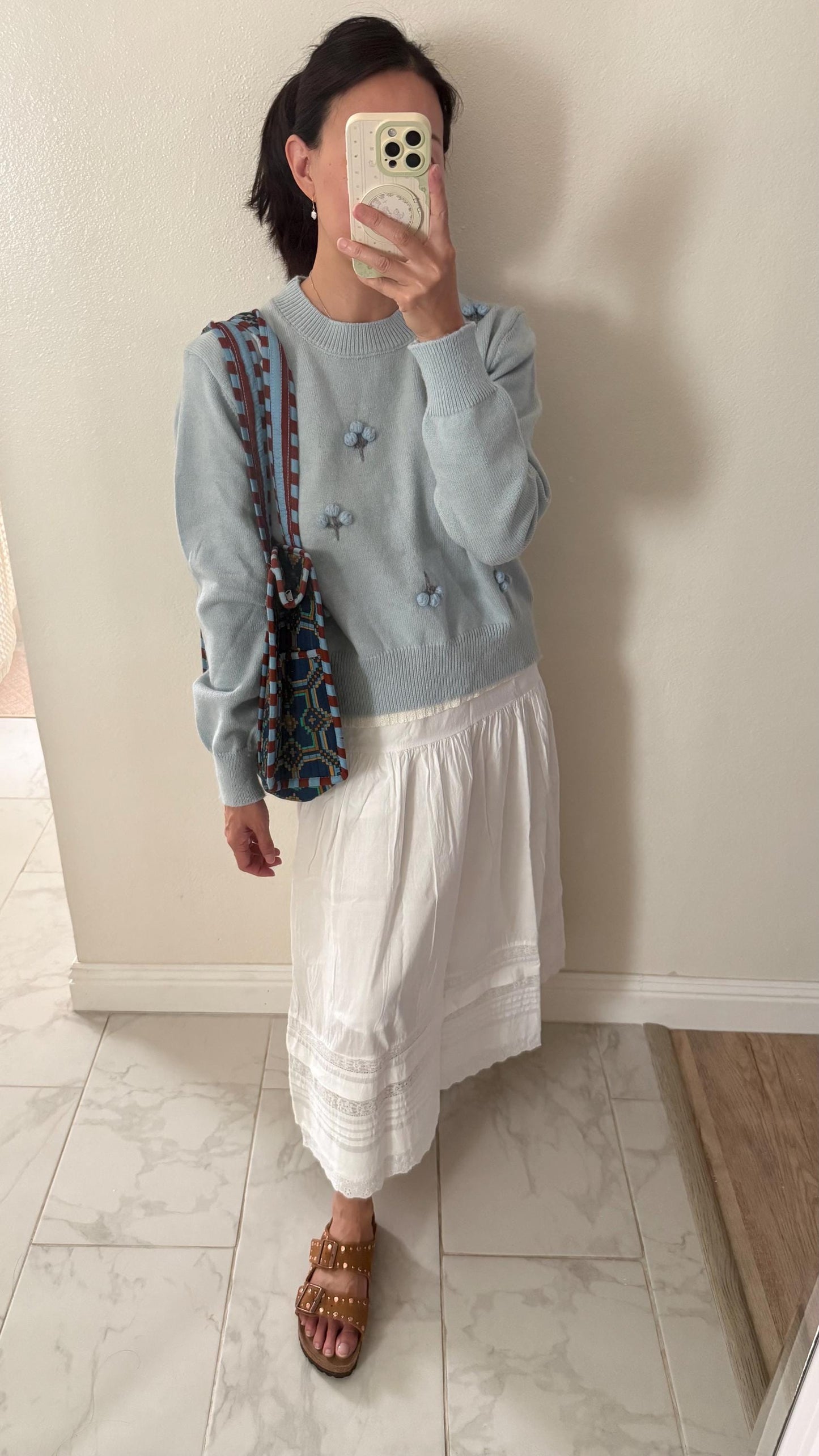 Knit Blue Cotton Sweater. French Vintage Inspired sweater. Floral boho sweater. Victorian boho sweater. Cottagecore style sweater