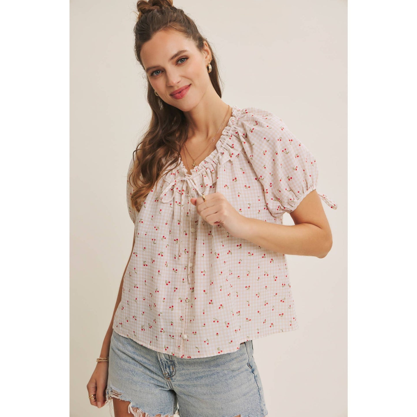 NOSTALGIC TWIST FRESH SUMMER CHERRY GINGHAM RUFFLED BLOUSE