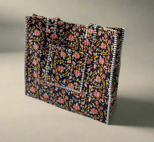 Floral print cotton quilt reversible tote bag with front and inside pockets - Chickticks