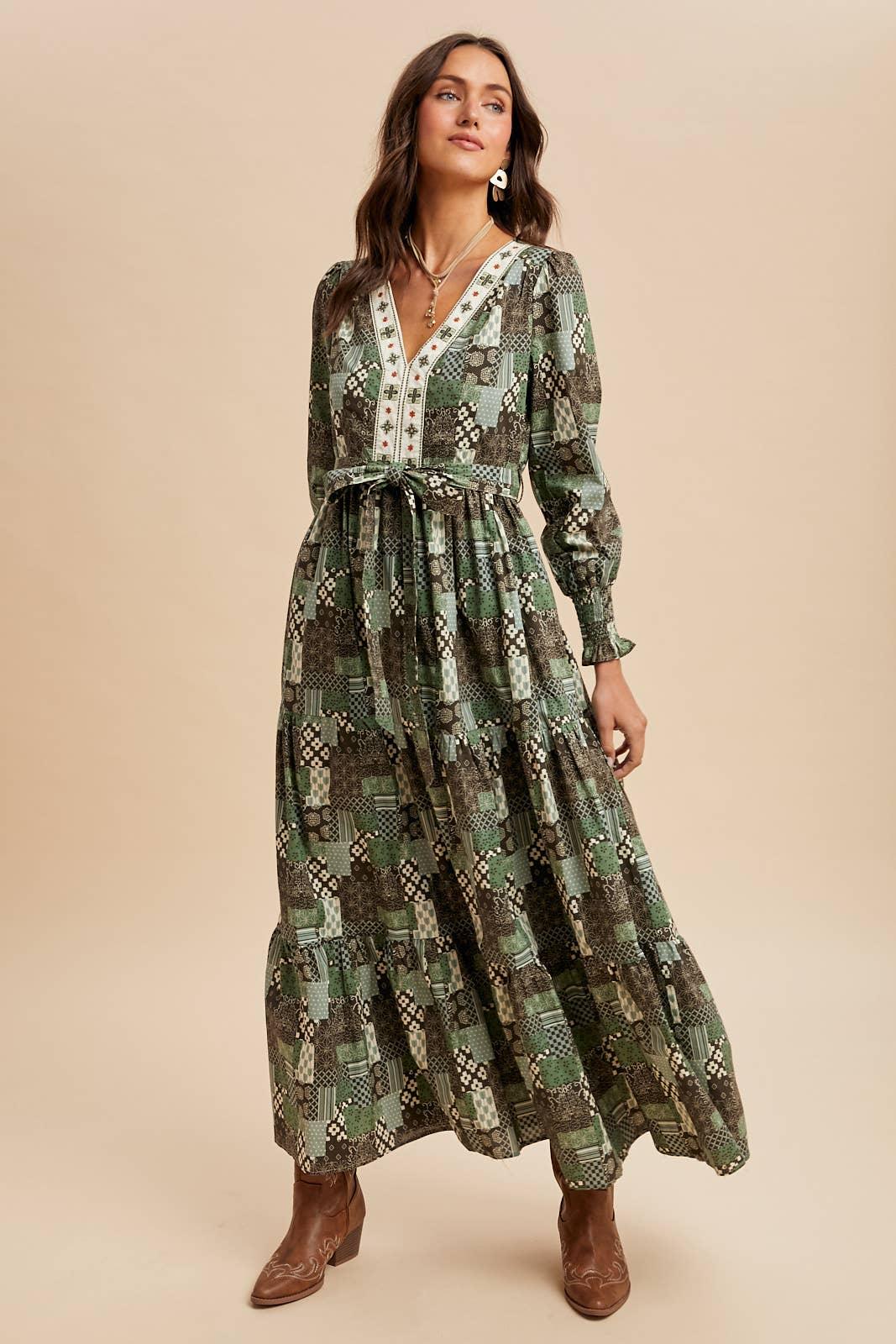 COTTON PATCHWORK EMBROIDERED MAXI DRESS - Chickticks