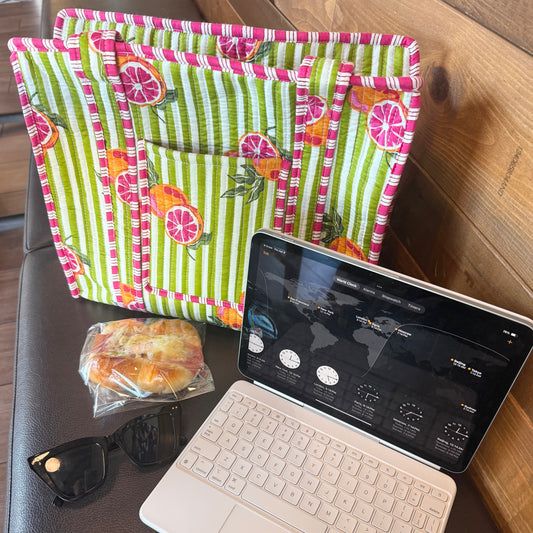 Hand Block Print Cotton Quilt Tote Bag. Lemon Citrus Stripes Zipper Tote Bag. Everyday Tote Bag. Summer Tote Bag. Mother’s Day Gift.