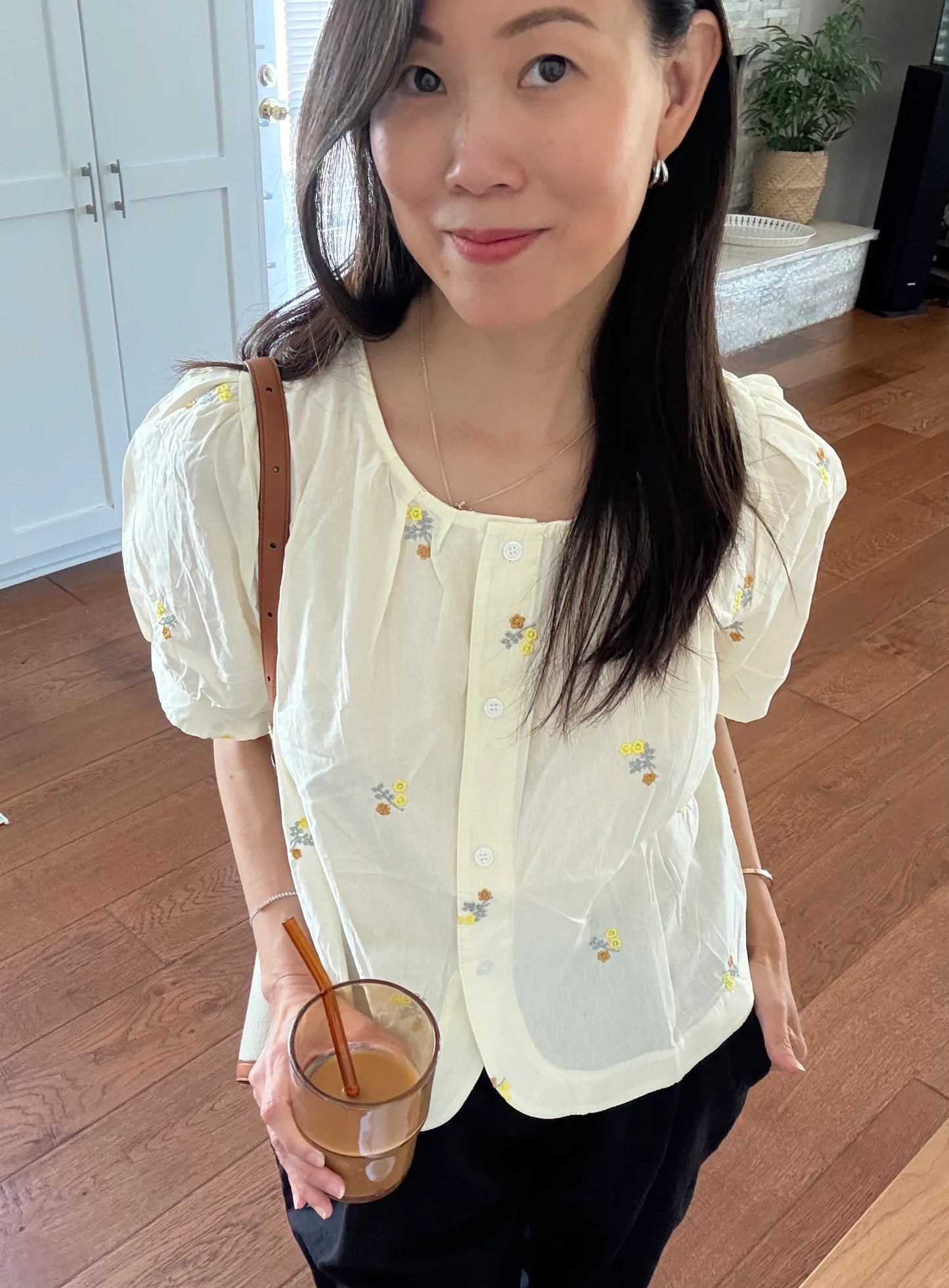 Lemon butter yellow cotton button down shirt with floral embroidered - Chickticks