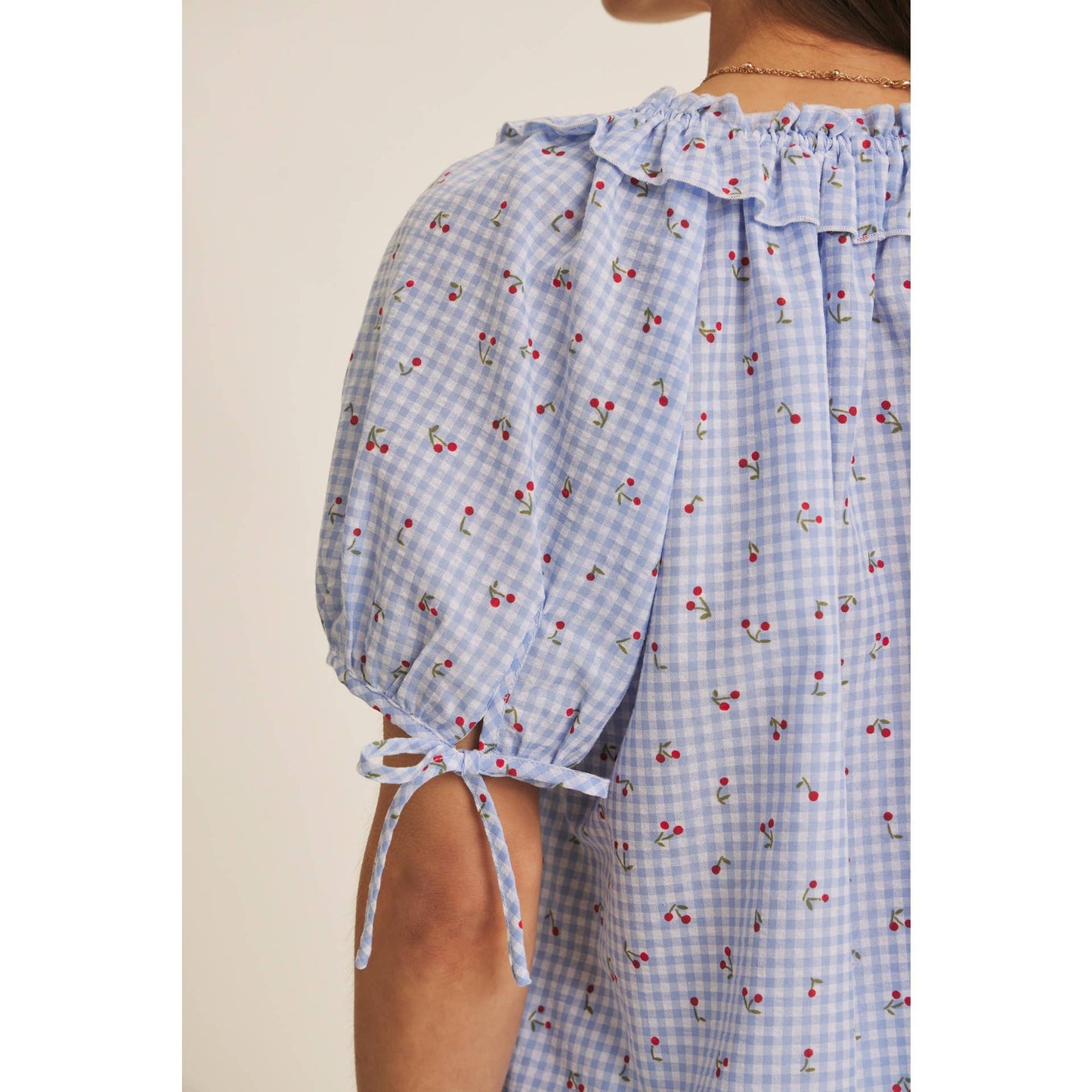 NOSTALGIC TWIST FRESH SUMMER CHERRY GINGHAM RUFFLED BLOUSE
