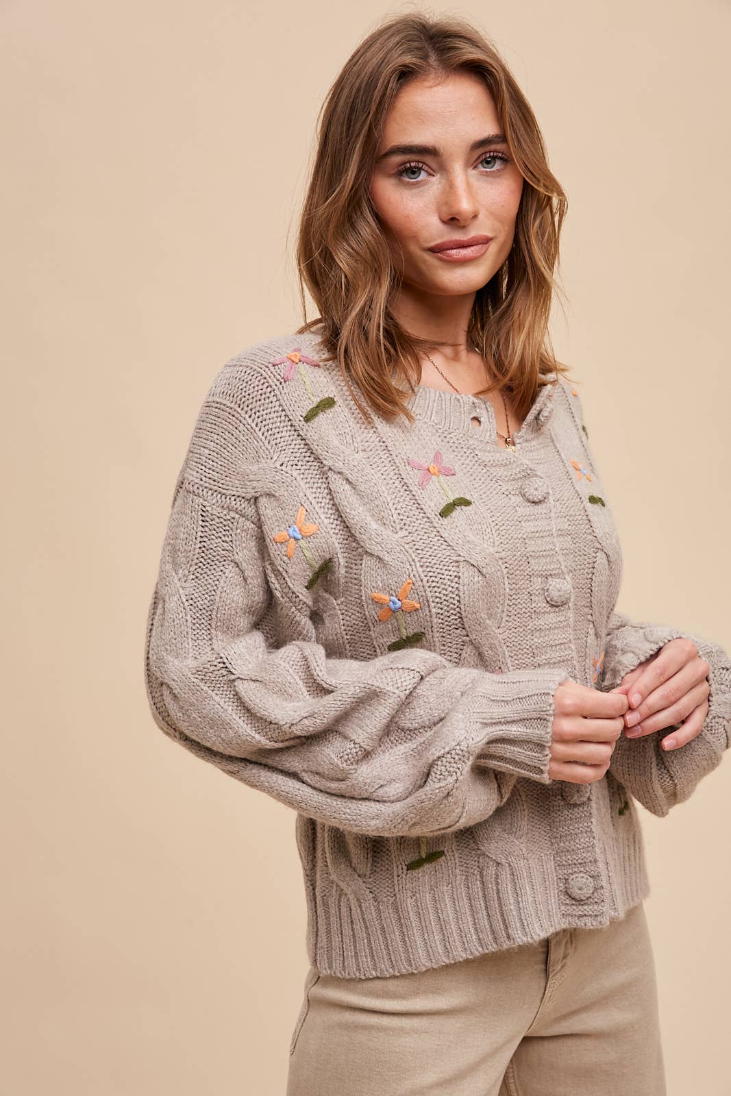 EMBROIDERED CABLE KNIT CARDIGAN - Chickticks