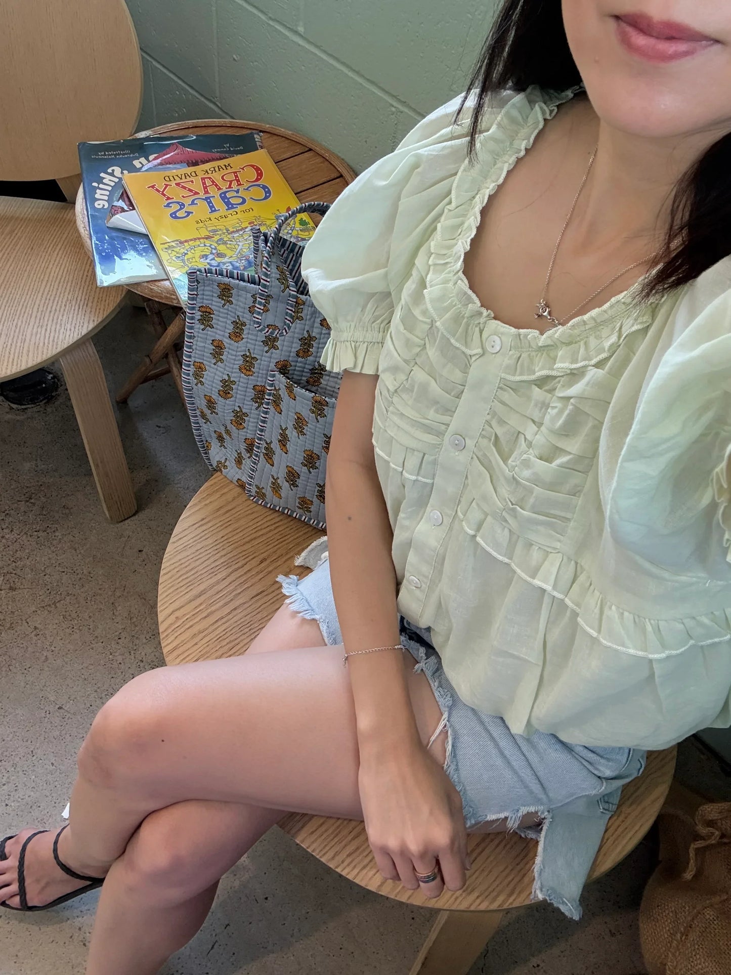 Pintuck cotton button down blouse in sage green - Chickticks