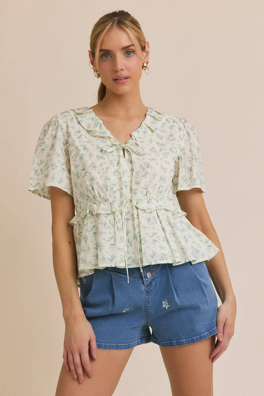 Front Tie Pintuck Cotton Floral French Style Shirt