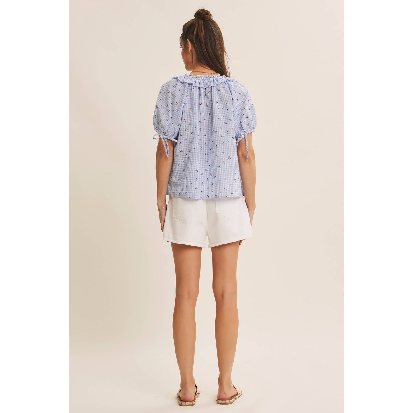 NOSTALGIC TWIST FRESH SUMMER CHERRY GINGHAM RUFFLED BLOUSE