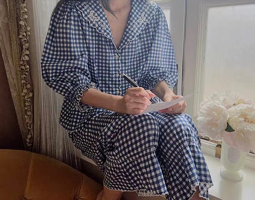 Cotton blue gingham co ord set. Pajamas set for fall. - Chickticks