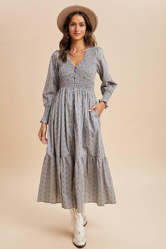COTTON SMOCKED FLORAL BUTTON DOWN MAXI - Chickticks