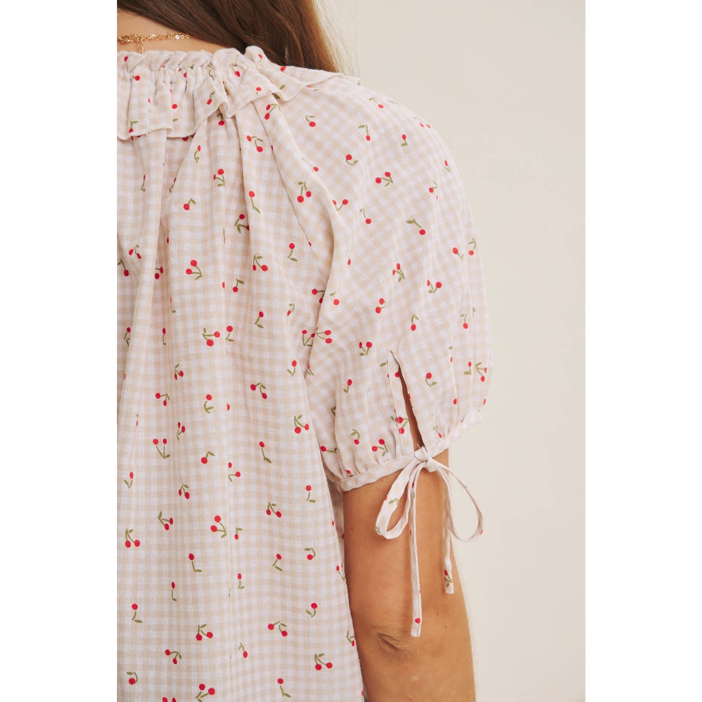 NOSTALGIC TWIST FRESH SUMMER CHERRY GINGHAM RUFFLED BLOUSE