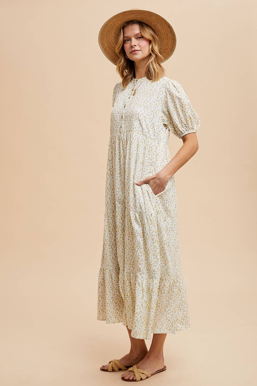 FLORAL PINTUCK BUTTON MIDI DRESS. Cottage core Whimsical Dress. Natural Fiber Everyday Nap Dress. - Chickticks