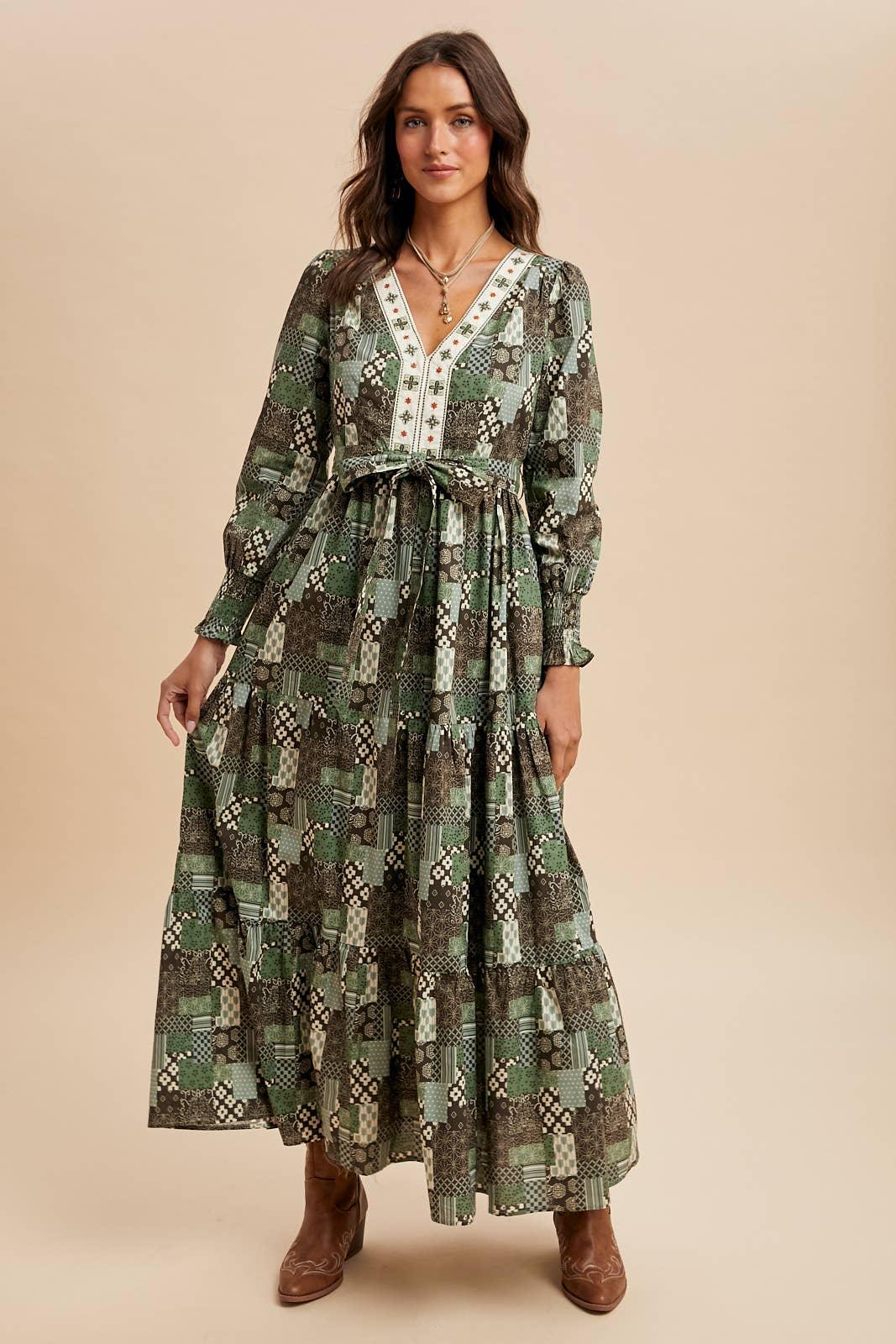 COTTON PATCHWORK EMBROIDERED MAXI DRESS - Chickticks