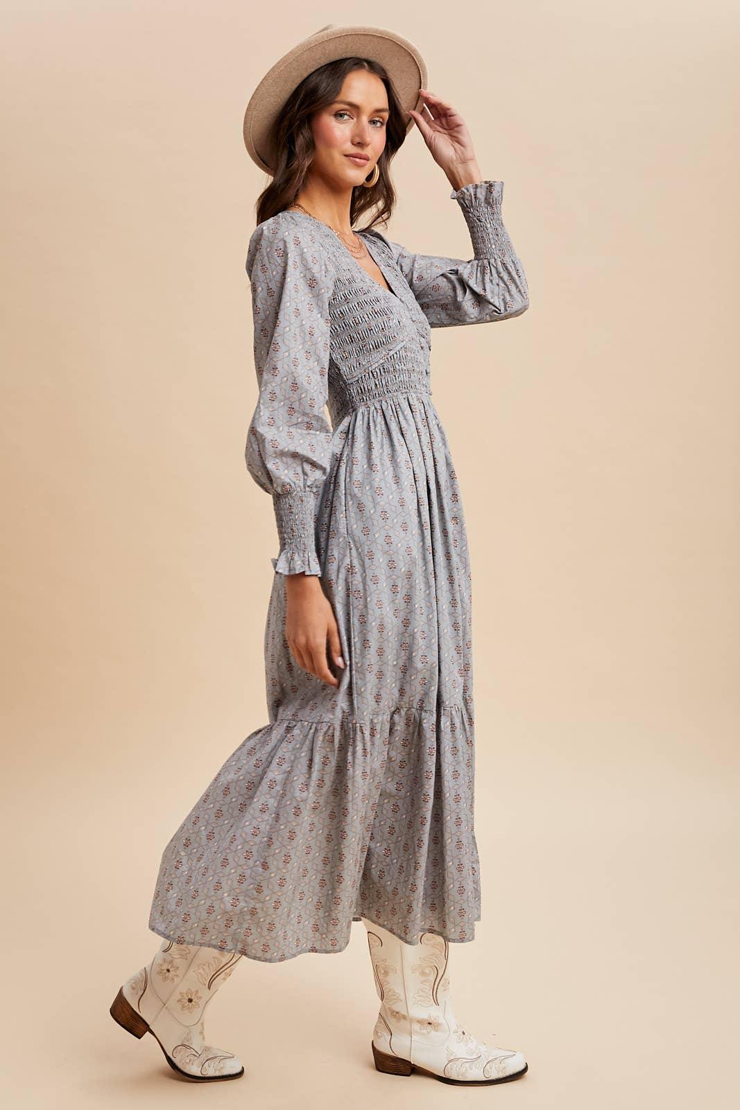 COTTON SMOCKED FLORAL BUTTON DOWN MAXI - Chickticks