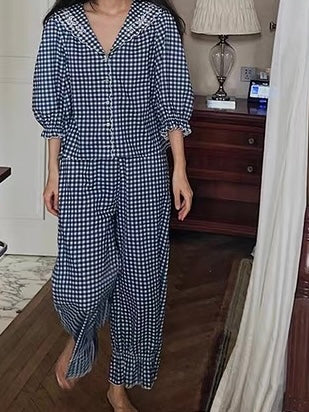 Cotton blue gingham co ord set. Pajamas set for fall. - Chickticks