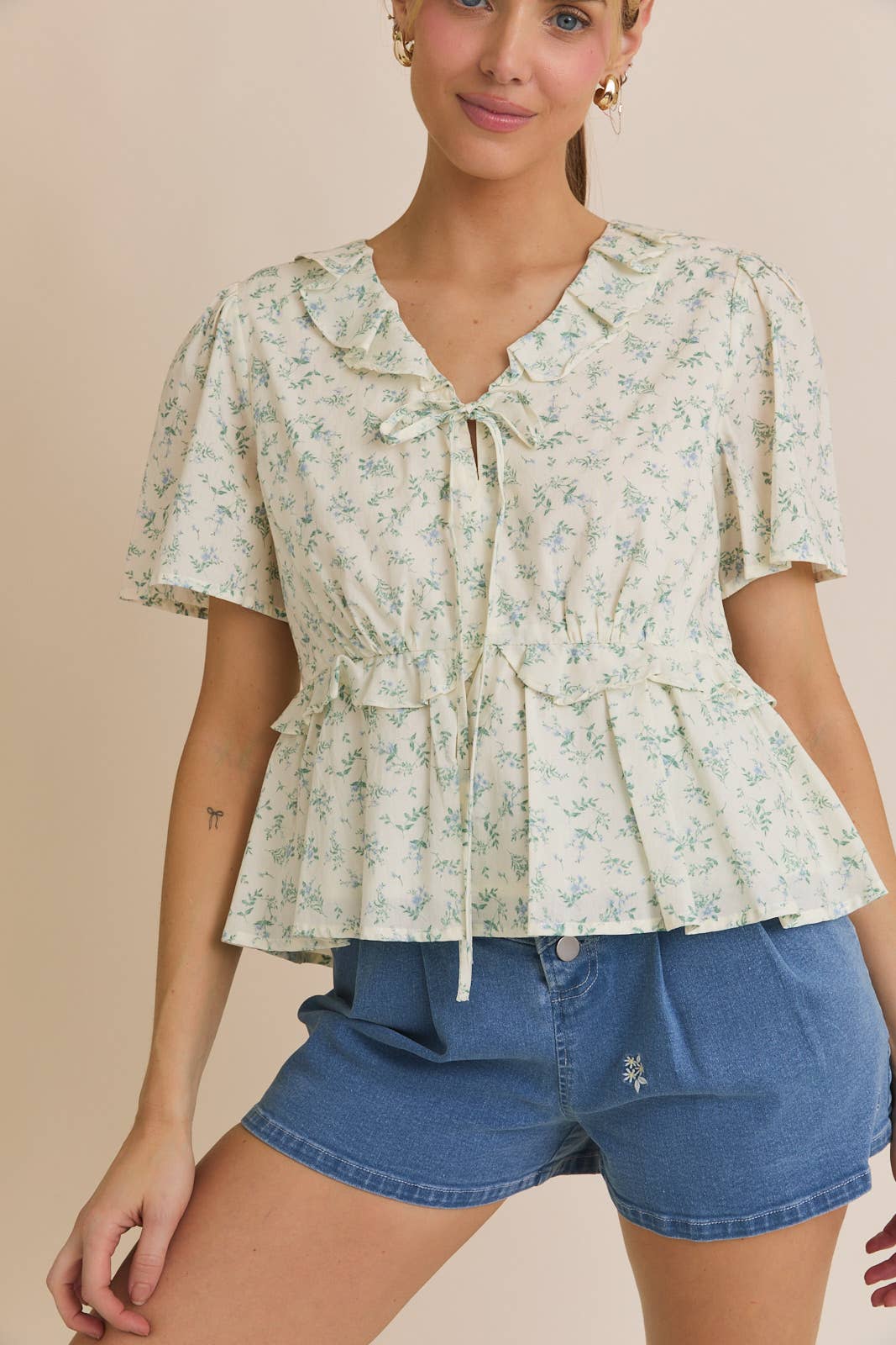Front Tie Pintuck Cotton Floral French Style Shirt