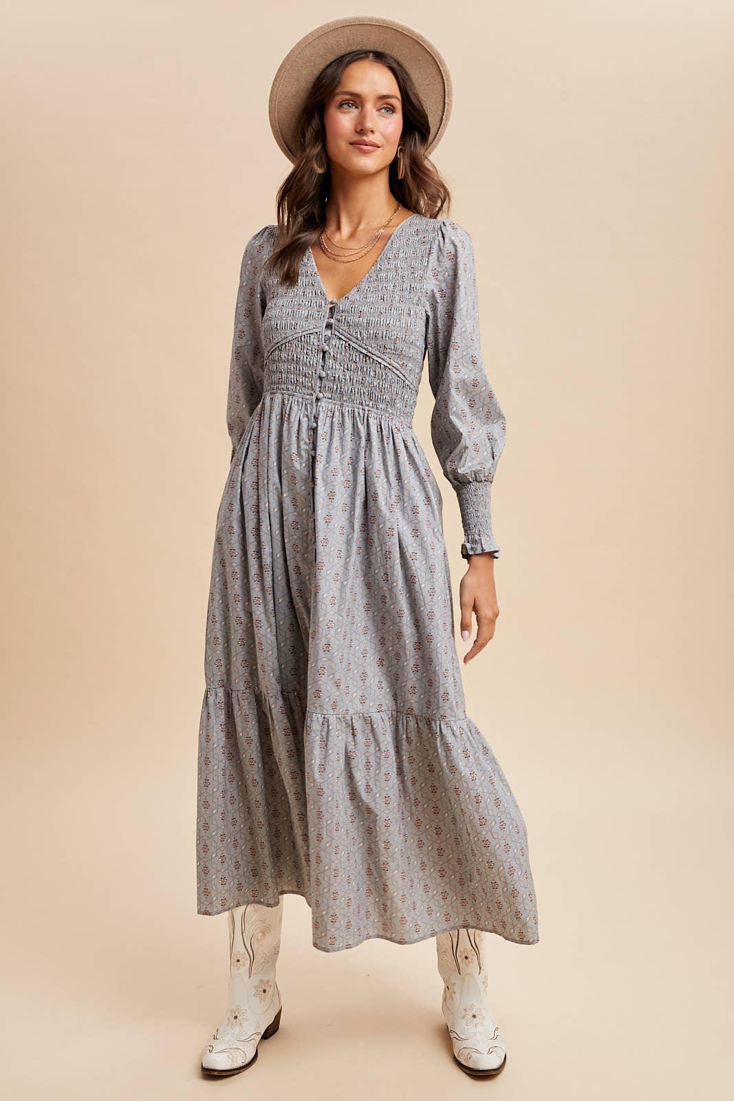 COTTON SMOCKED FLORAL BUTTON DOWN MAXI - Chickticks