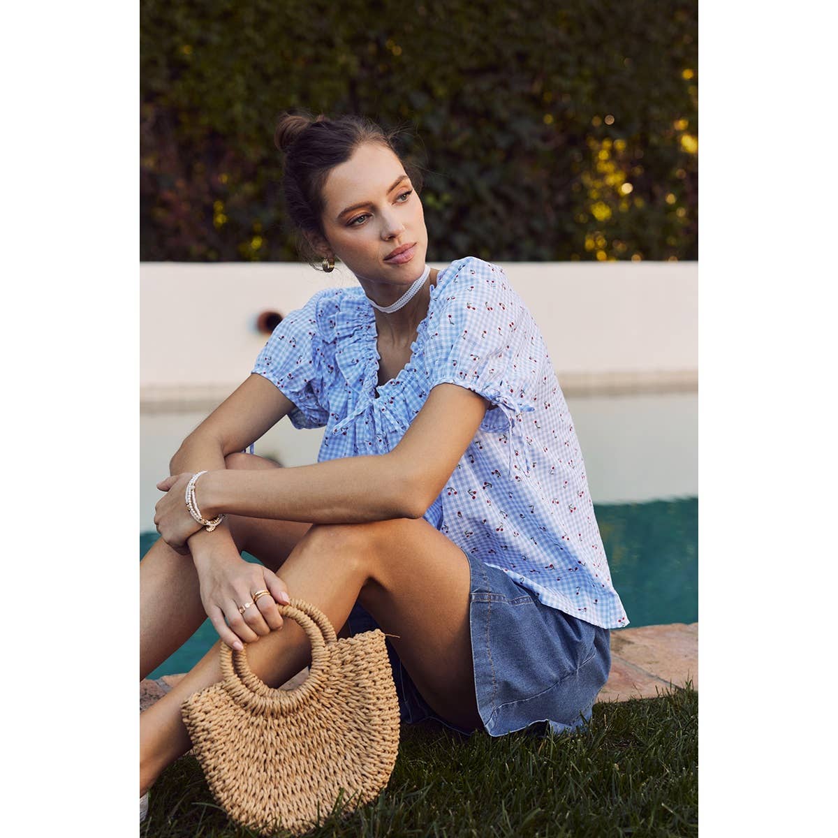 NOSTALGIC TWIST FRESH SUMMER CHERRY GINGHAM RUFFLED BLOUSE