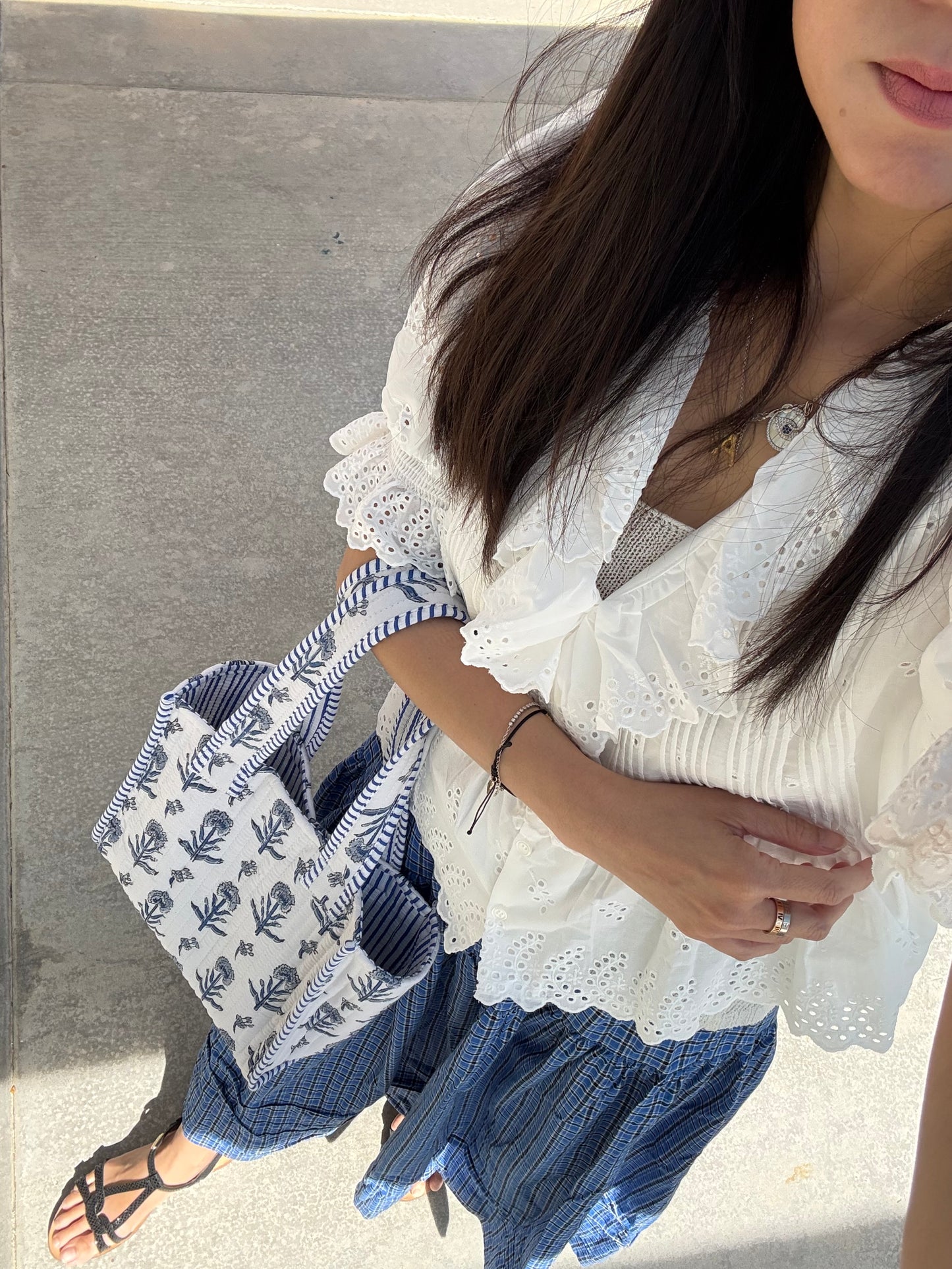 Hand blocked print cotton quilt reversible mini tote bag. Stripes mini tote bag. Beach bag. floral light blue tote bag. Mother’s Day gift.