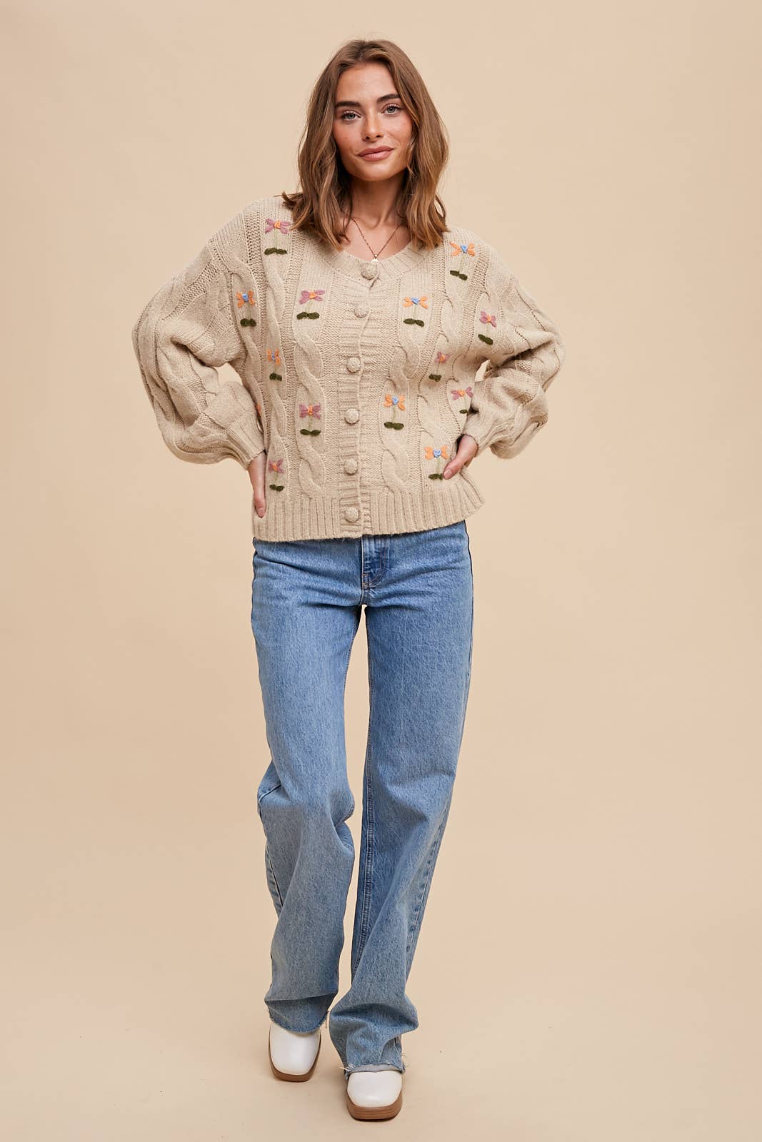 EMBROIDERED CABLE KNIT CARDIGAN - Chickticks