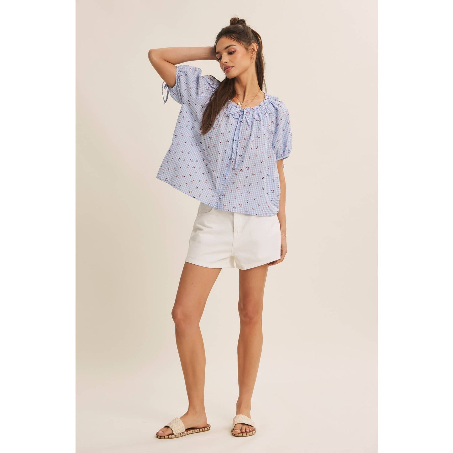 NOSTALGIC TWIST FRESH SUMMER CHERRY GINGHAM RUFFLED BLOUSE