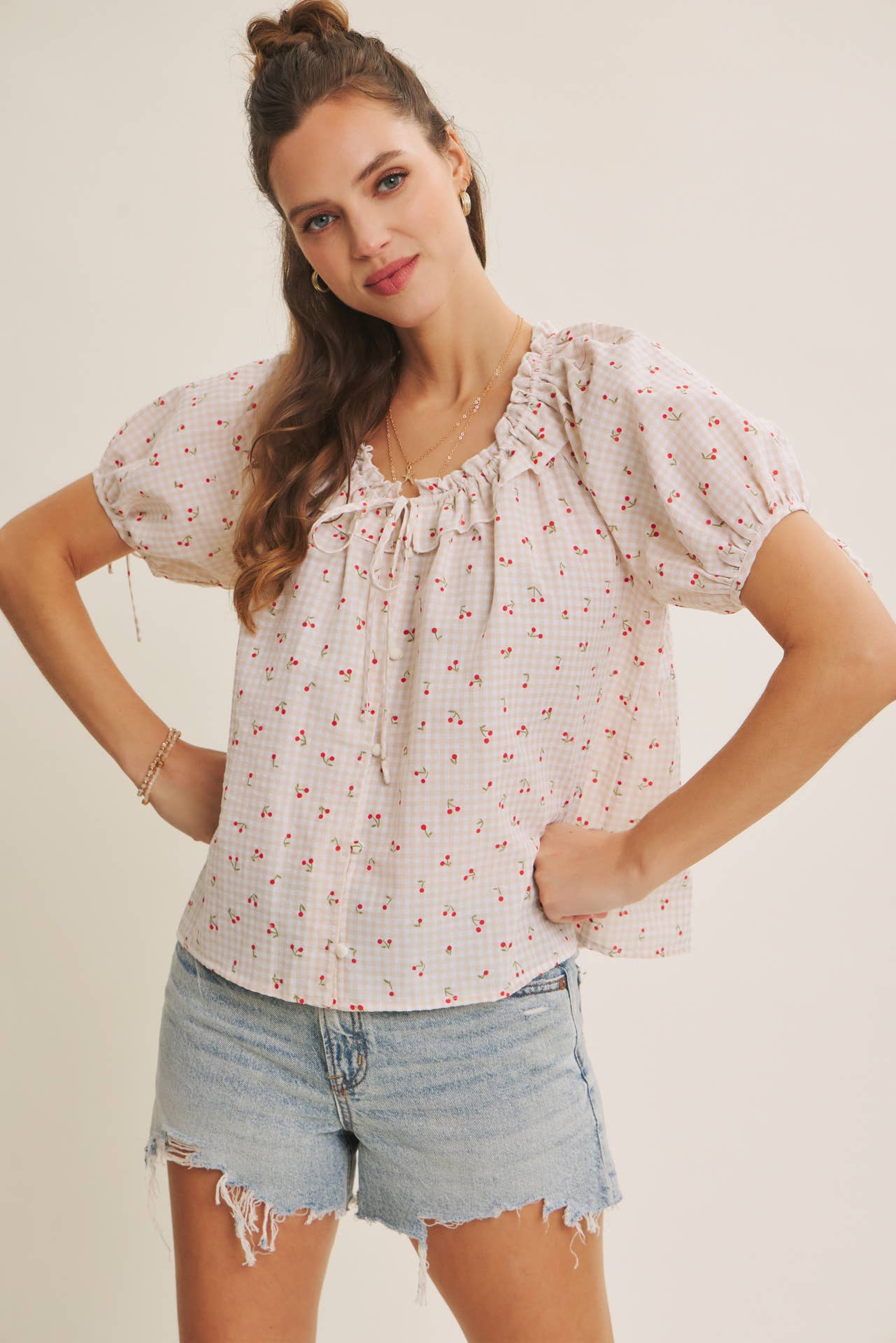 NOSTALGIC TWIST FRESH SUMMER CHERRY GINGHAM RUFFLED BLOUSE