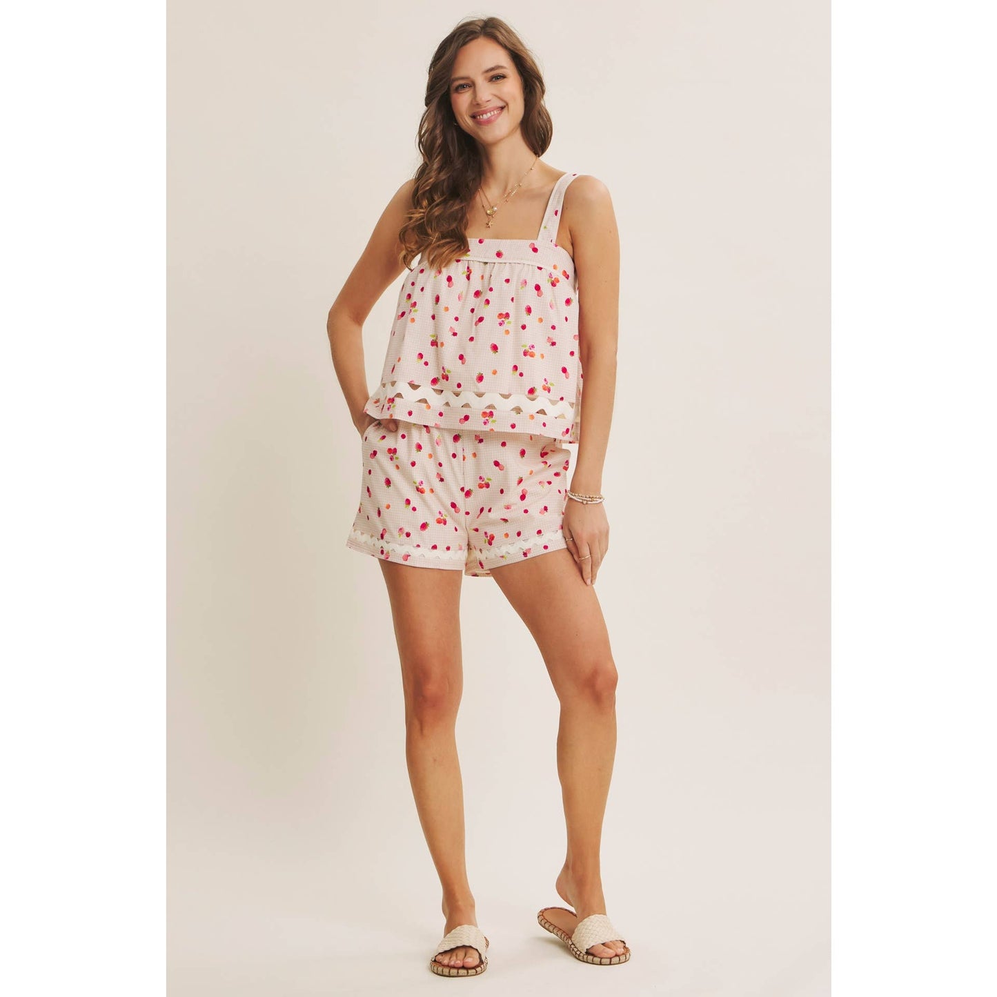FRESH POP OF BERRY COTTON SQUARE NECK TOP WITH RIC RAC TRIM